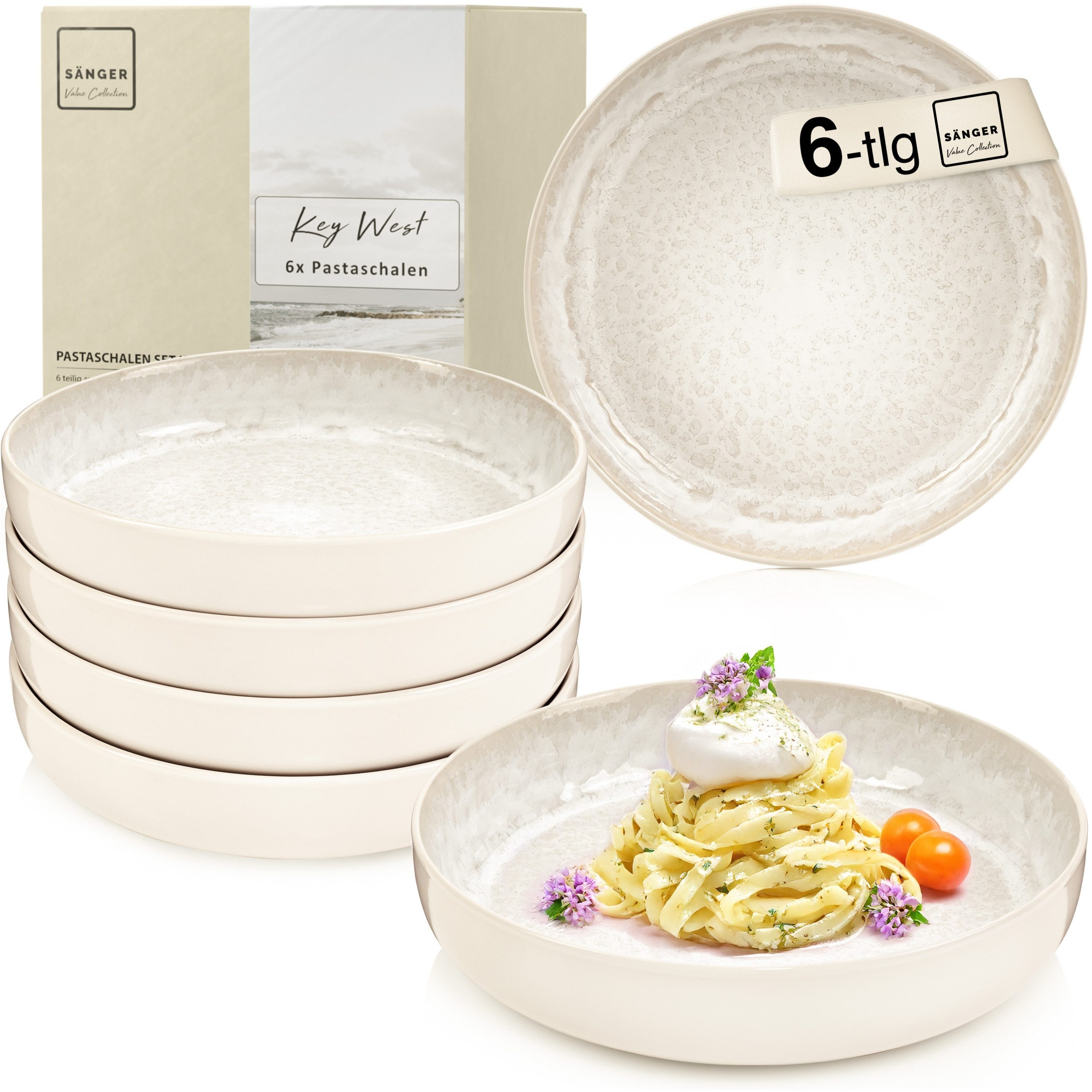 SÄNGER Teller Set Key West, Creme mit sandiger Maserung, (6 St), Pastaschalen Set, 6 Personen, Steingut, Handmade, VALUE COLLECTION