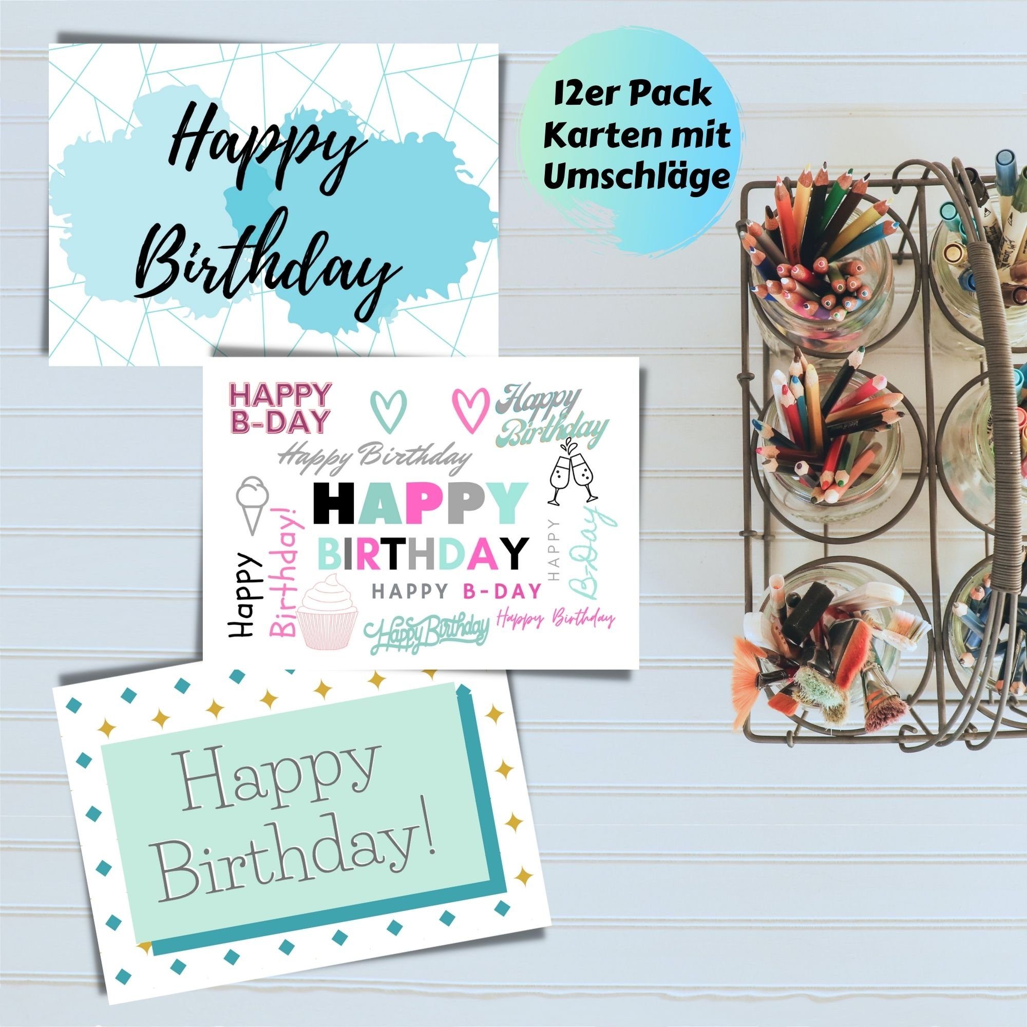 Domelo Geburtstagskarte Geburtstagskarten mit Birthday Geburtstag zum Grußkarten 12er Set Karten Happy Set, Umschlag, Kraftpapier 12er Postkarten