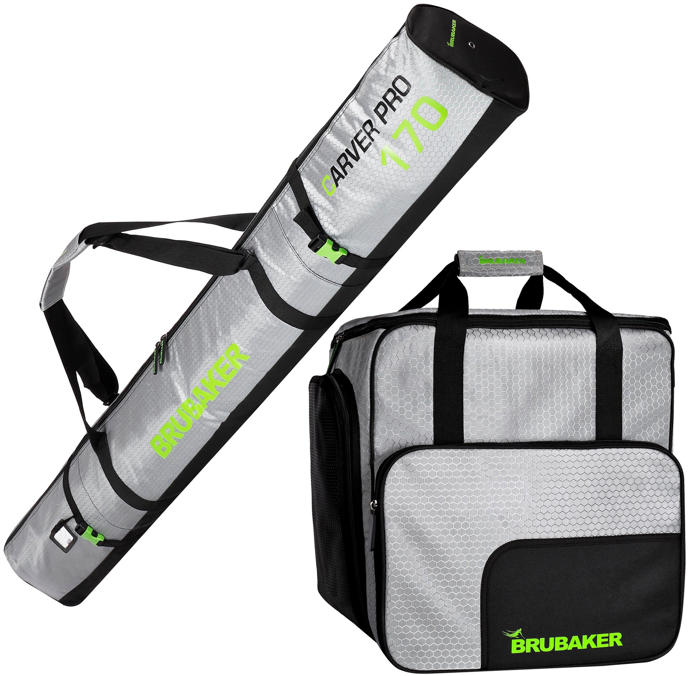 BRUBAKER Sporttasche CarverTec Pro Skitasche Kombi Set (2-tlg., reißfest und nässeabweisend), Skisack und Skischuhtasche für 1 Paar Ski Grün und Silber