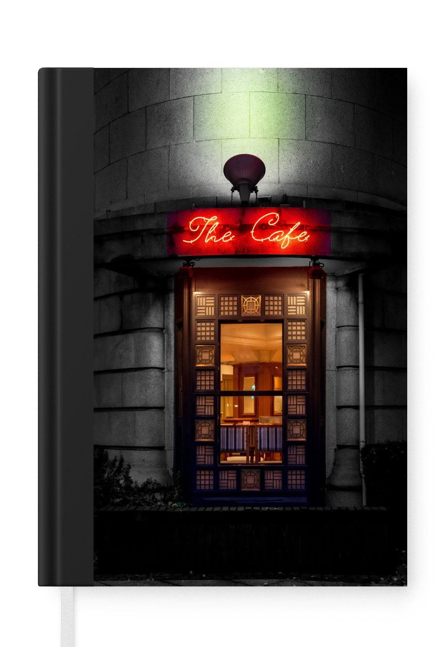 MuchoWow Notizbuch Tür - Cafe - Rot - Architektur - Neonlicht, Journal, Merkzettel, Tagebuch, Notizheft, A5, 98 Seiten, Haushaltsbuch