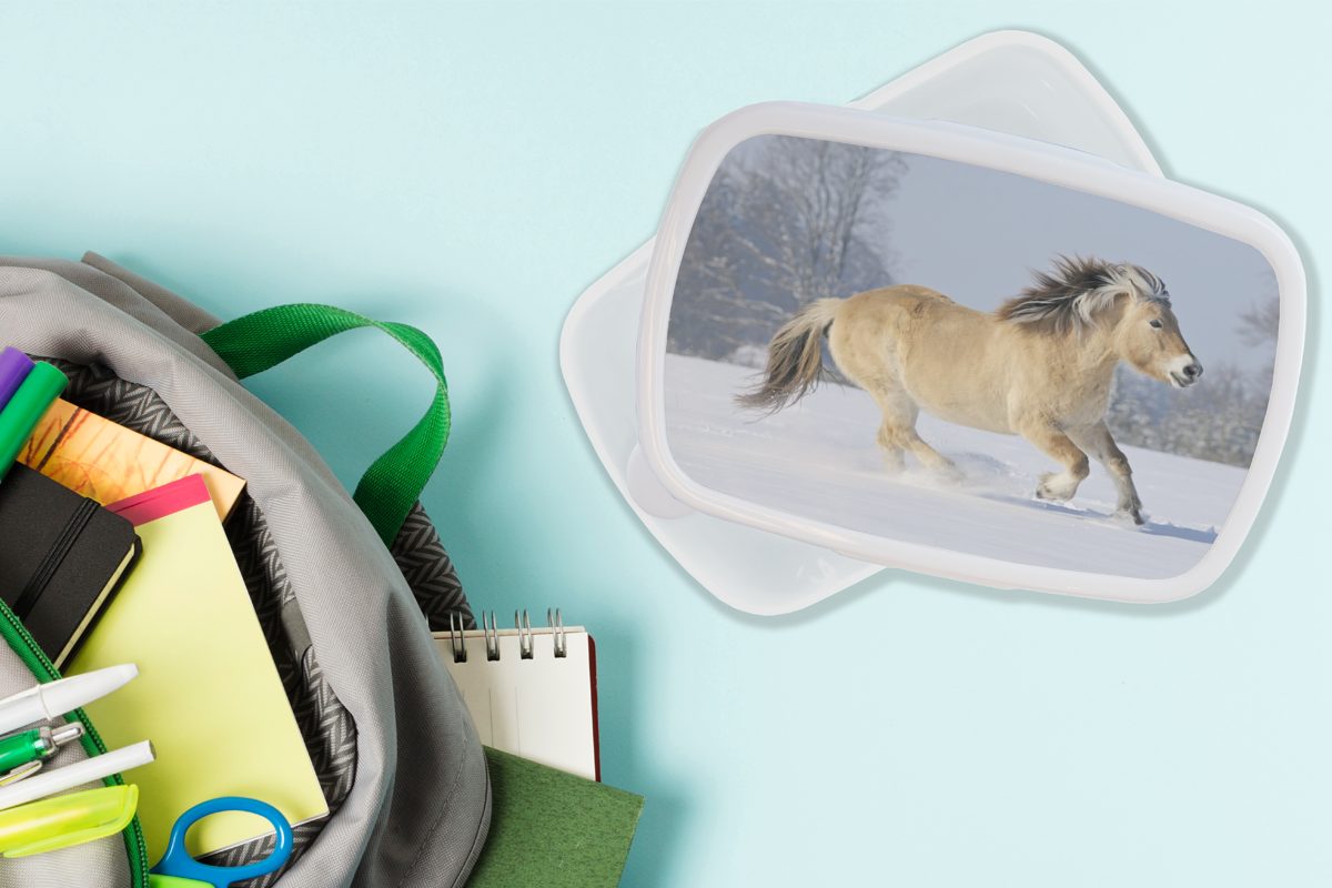 MuchoWow Lunchbox Kunststoff, und Jungs Brotbox den für Mädchen Fjordpferd für weiß läuft Kinder Schnee, Brotdose, und Erwachsene, durch (2-tlg)