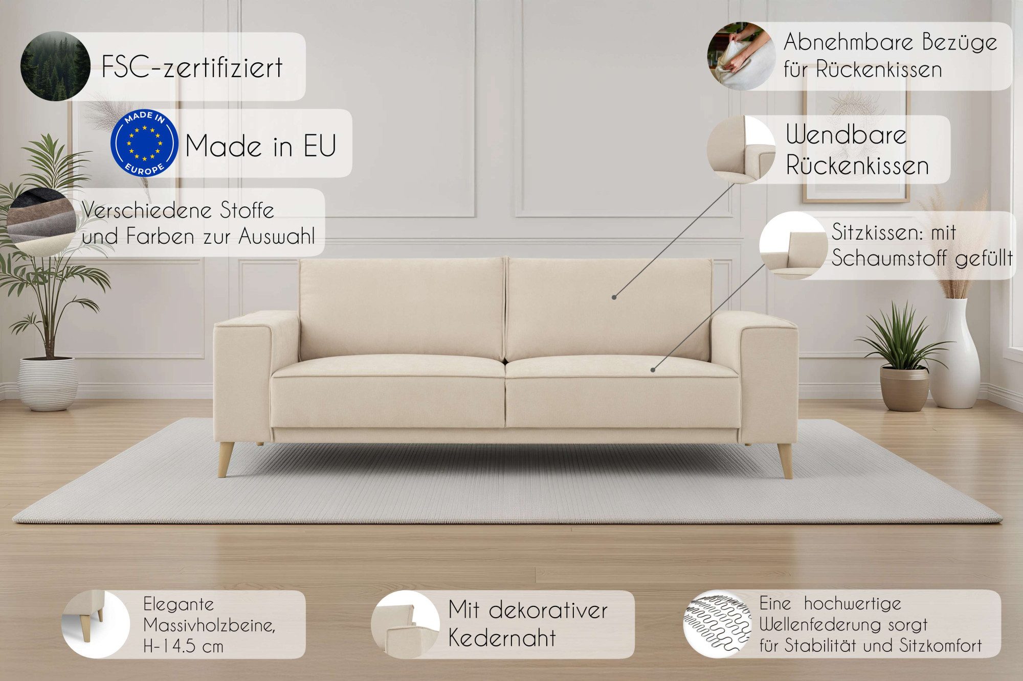 OTTO home 3-Sitzer Oland Skandi, weicher Chenille-Stoff, 224 cm, Wellenunterfederung, Skandi-Design, Massivholzfüße