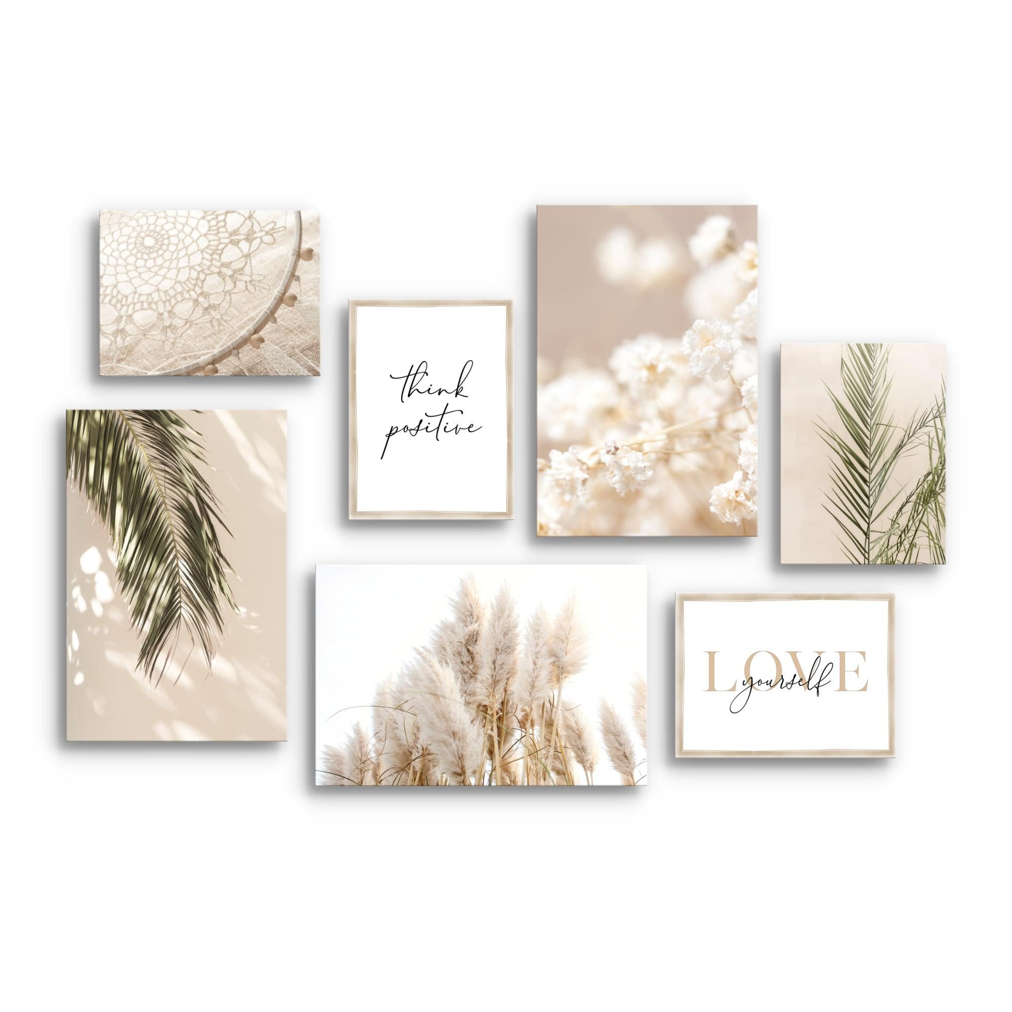 Novart Wandbild Boho Beige Pampas Blätter Natur Wohnzimmer Bilder Set 147x104 cm, Boho