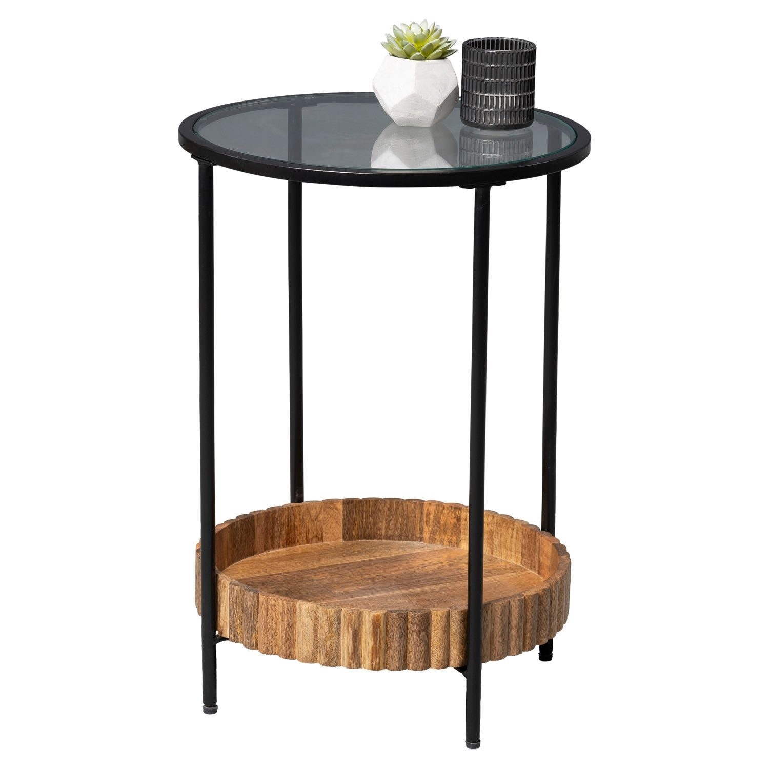 M2 Kollektion Beistelltisch JASON, Ø 44 cm, Braun, Schwarz, Glasplatte, Metall, Ablageboden aus massivem Mangoholz