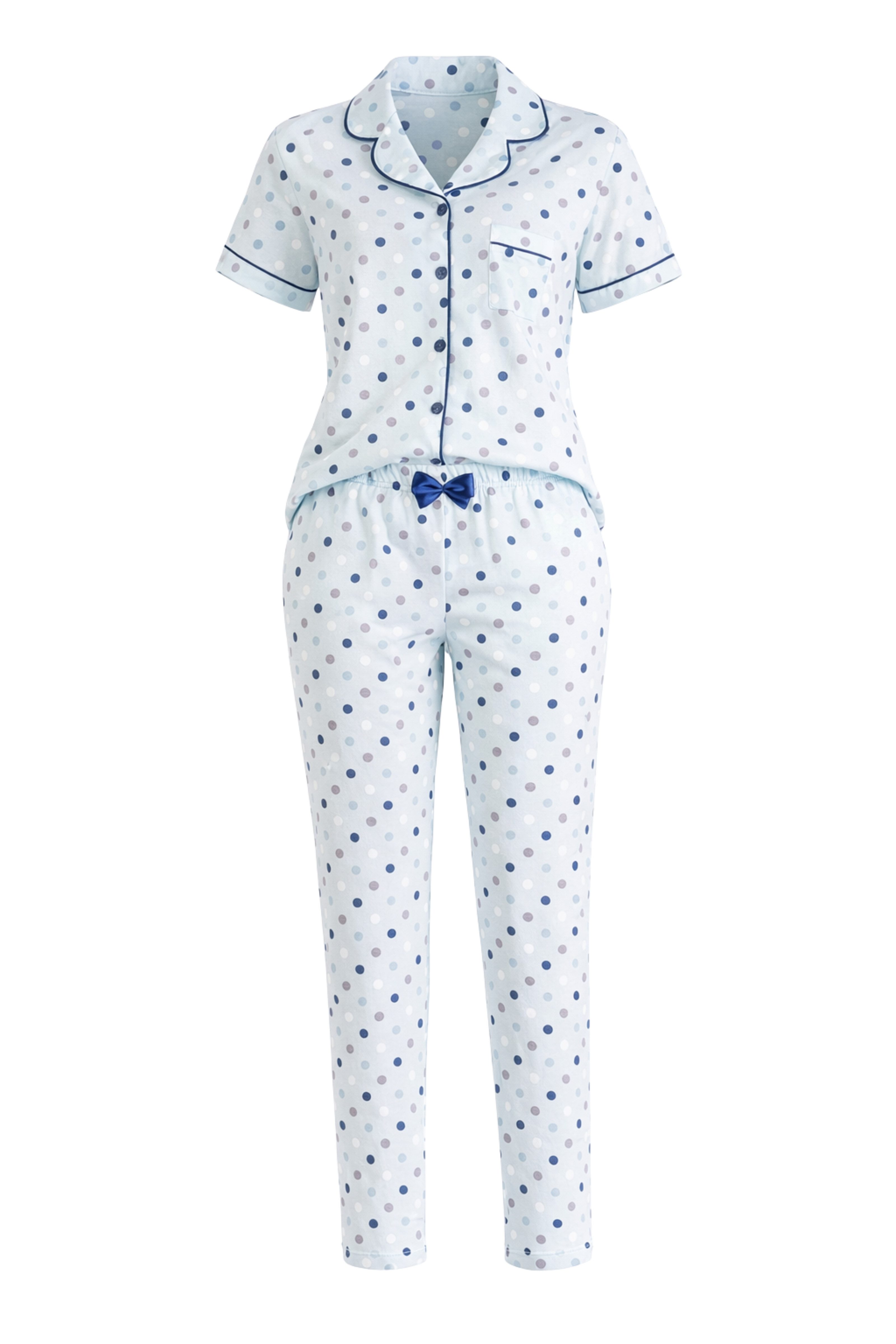 COOLISMO NIGHTWEAR Pyjama Damen Pyjama 7/8 Baumwolle geknöpft (2 tlg) hellblauer Schlafanzug mit Punkte-Druck, Satinpaspel & Satinschleife