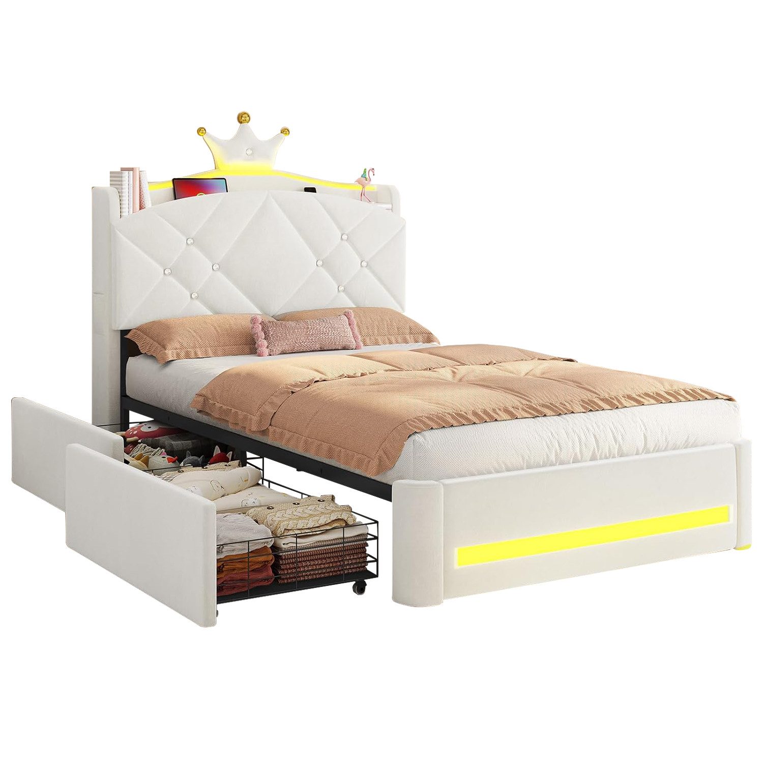 MSMASK Kinderbett im Kronen-Design mit LED-Beleuchtung, Ladestation und 2 Schubladen (Ohne Matratze), Polsterbett Jugendbett Prinzessinnenbett 90 x 200cm