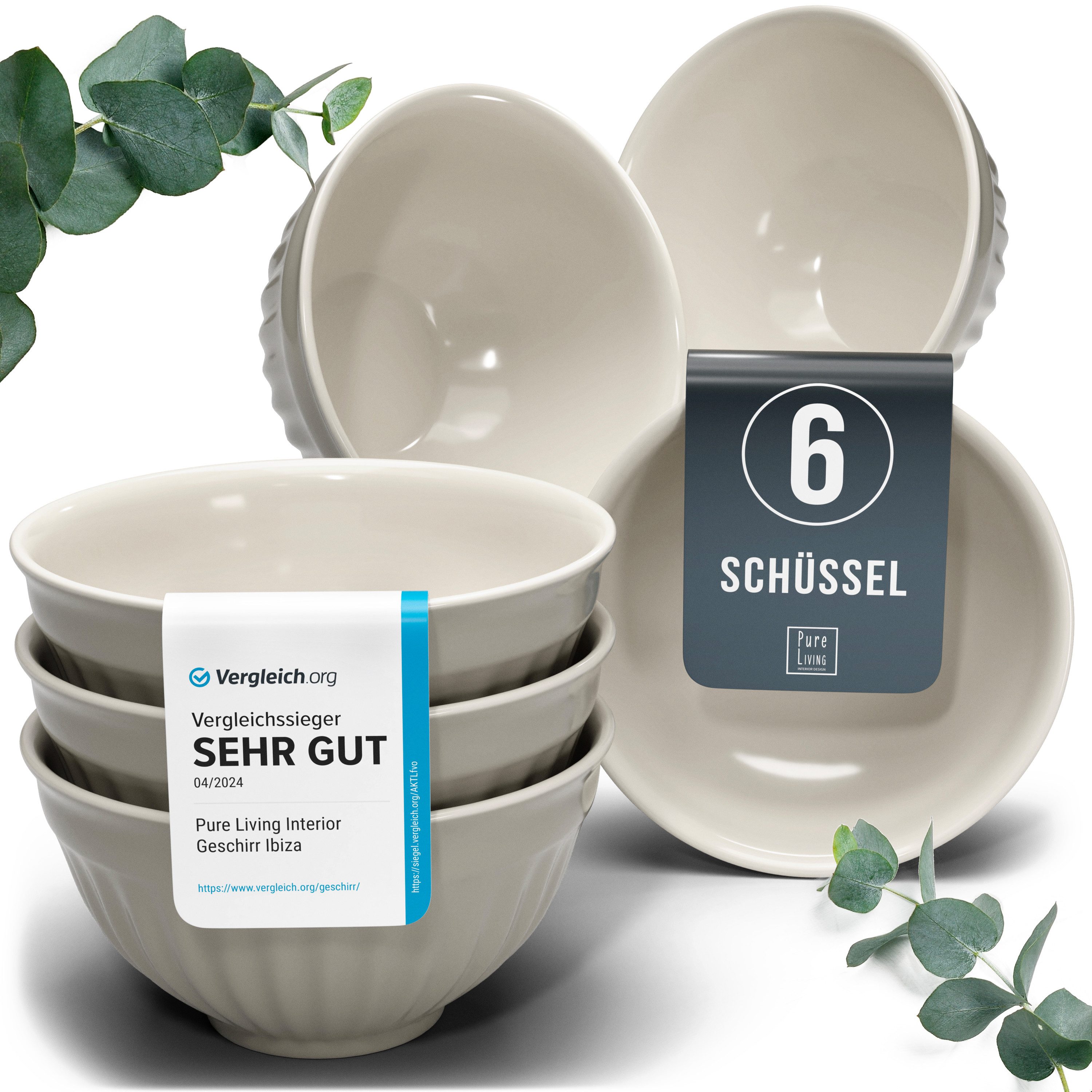 PURE LIVING INTERIOR DESIGN Geschirr-Set Pure Living Müslischale 6er 16cm »Hygge«, Steingut Hellbraun, 6 Personen, Steingut, Skandinavisches Design mit Riffelstruktur, Harmonische Farbgebung, Ma…