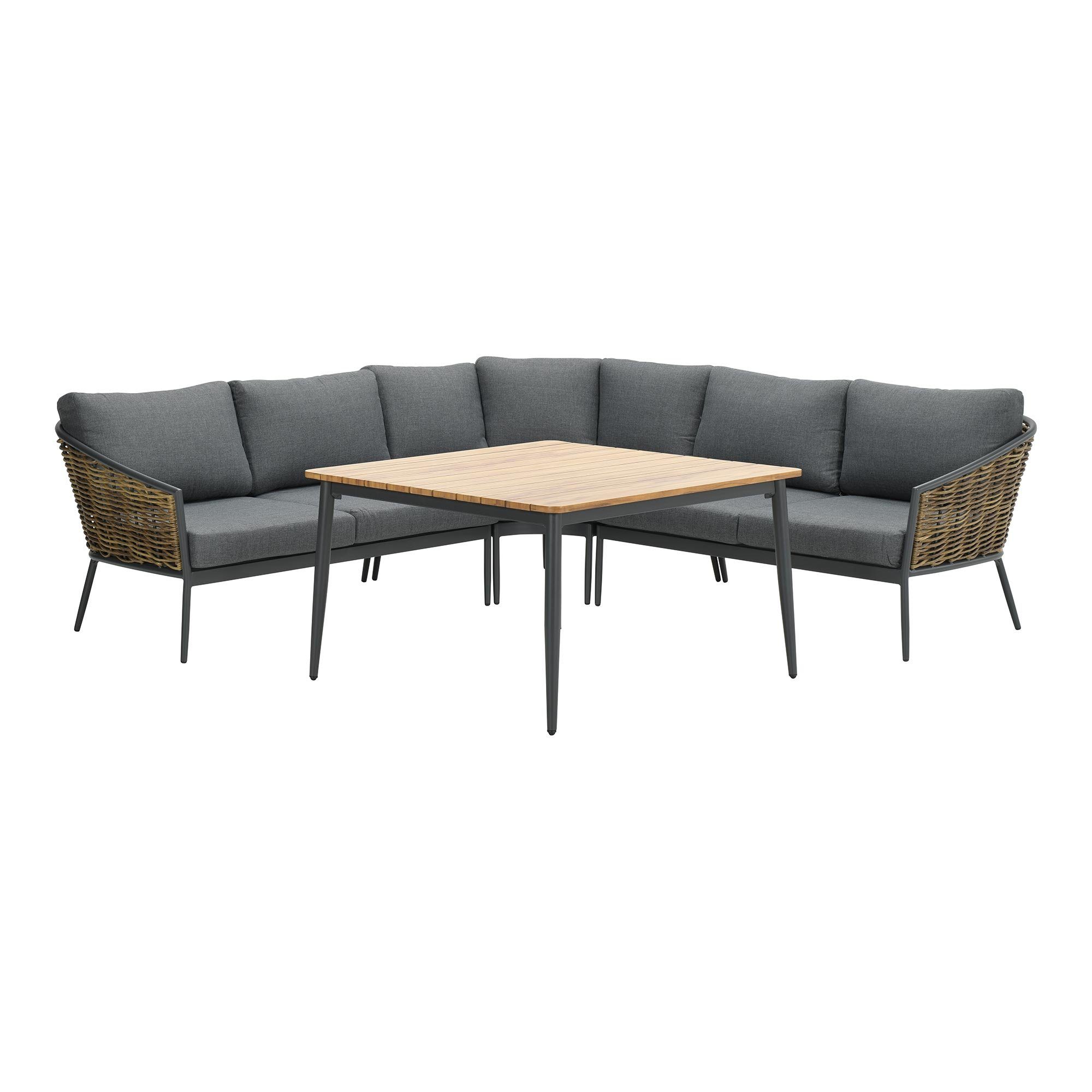 GMD Living Eckbankgruppe BALI, (Gartensitzgruppe / Gartenessgruppe, 4-tlg., bestehend aus 3 Bankteilen und einem Tisch), stilvolles Set in auffälligem Material-Mix