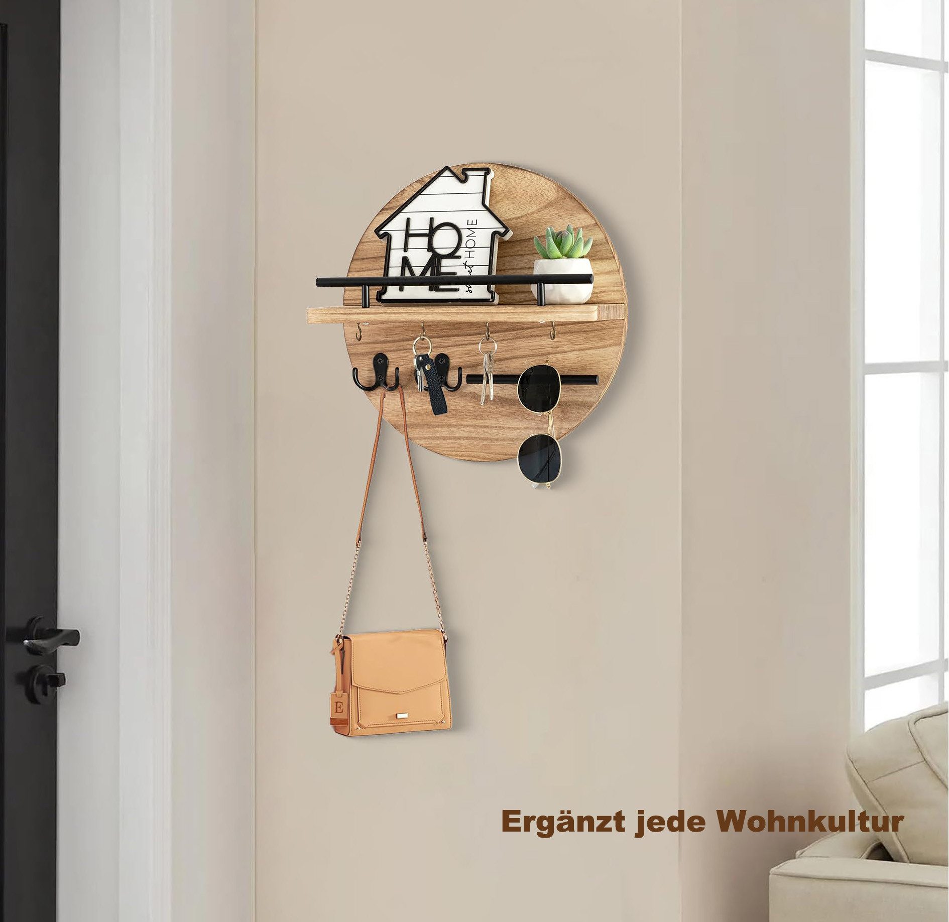 Zyronn Schlüsselbrett mit Regal & Haken – Rundes Wand-Postorganizer, (1 St), für Eingang, Flur & Wohnzimmer – Bild 4 von 5