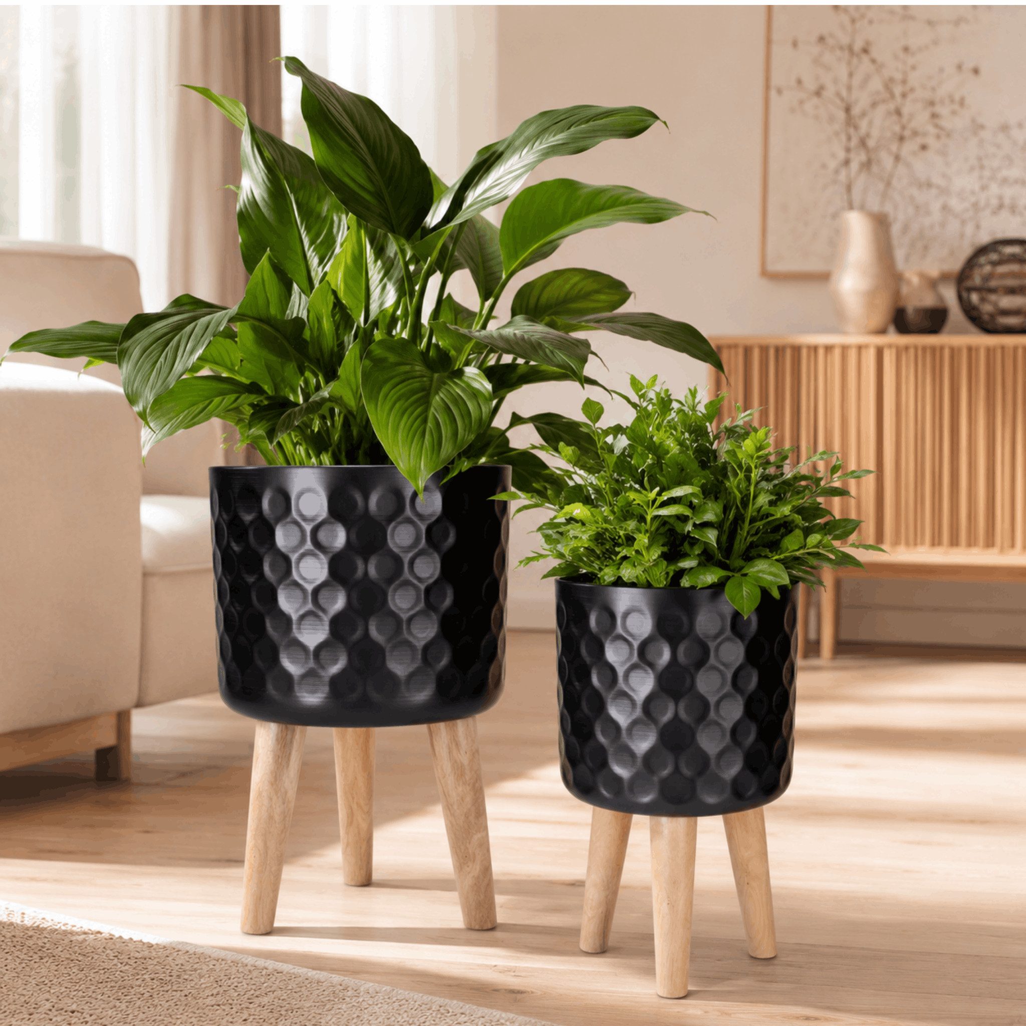 matches21 HOME & HOBBY Blumentopf Blumentöpfe 2er Set Schwarz Ø 24,5 x 42 & 28 x 43 cm mit Füßen (2 St), Übertöpfe aus Metall mit Holz Beinen