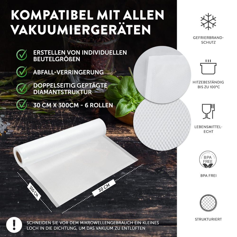 GustoVac Vakuumier-Folienrollen für Gefrierlager Dampfgarer Sous-Vide, Caso Fresko Foodsaver Aufbewahrung Vitamine Mineralstoffe erhalten