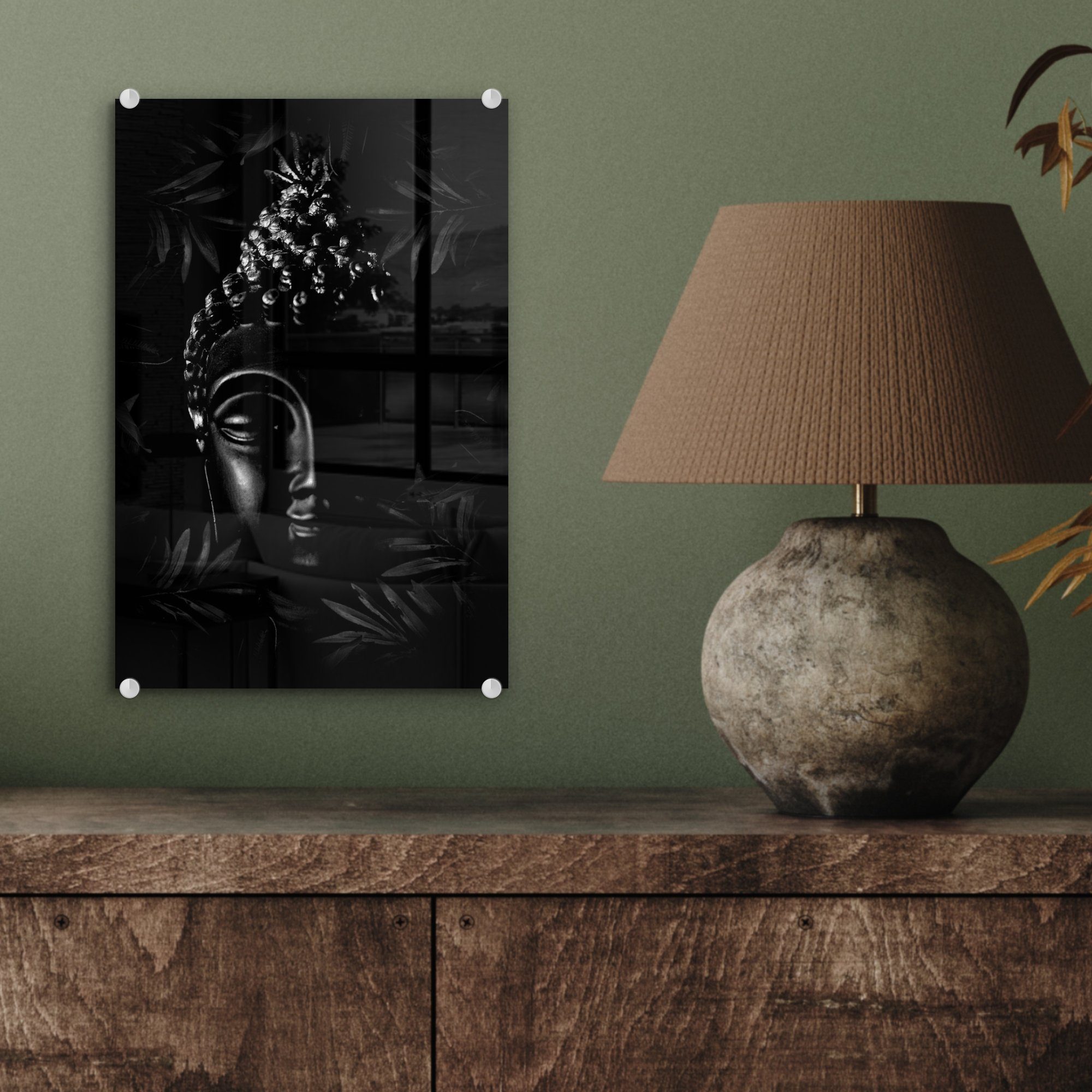 mit Acrylglasbild Buddhas auf schwarz St), goldenen und, - - Blättern Schatten Wanddekoration bunt Bilder Wandbild - eines Glasbilder Foto - im (1 MuchoWow Kopf Glas auf Glas