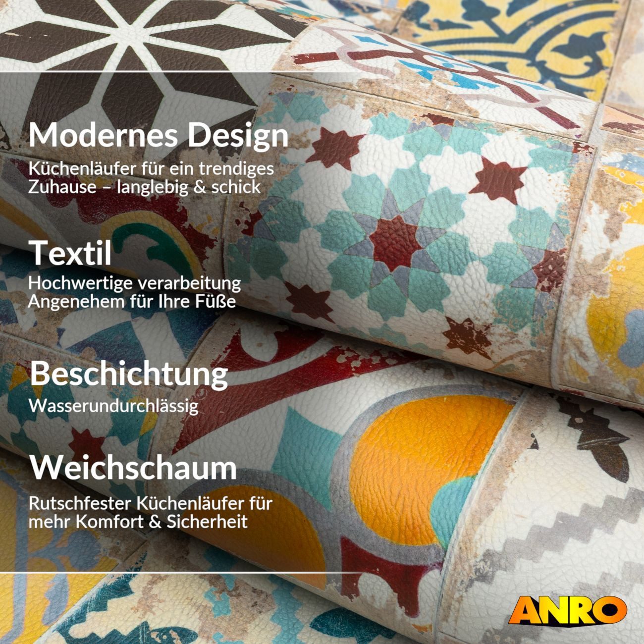 ANRO Küchenläufer abwaschbar Fliesenmix LADY Läufer pflegeleicht Küchenteppich, Rechteckig, Höhe: 3 mm, robust schmutzabweisend 67x180cm Oriental Bunt robust