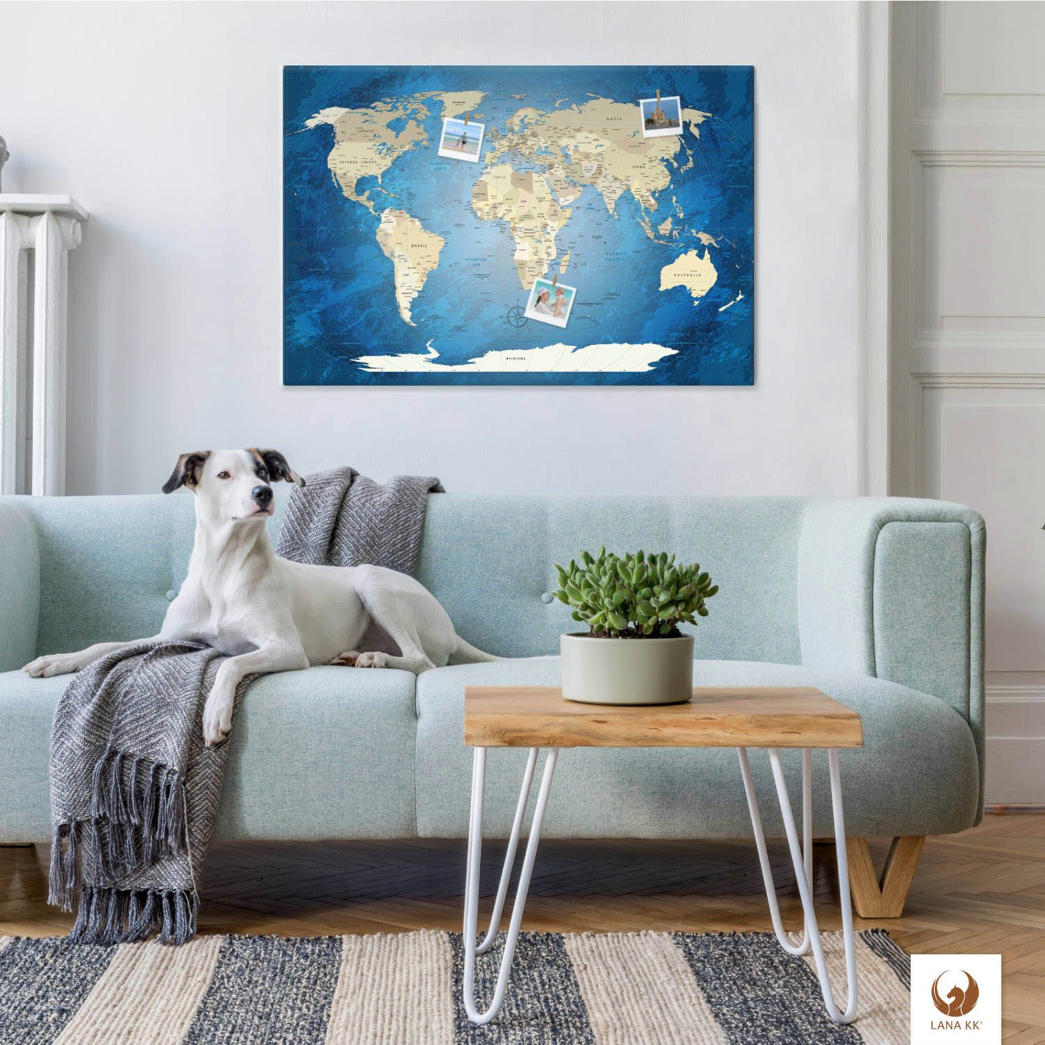 LANA KK Leinwandbild Weltkarte Pinnwand zum markieren von Reisezielen, deutsche Beschriftung
