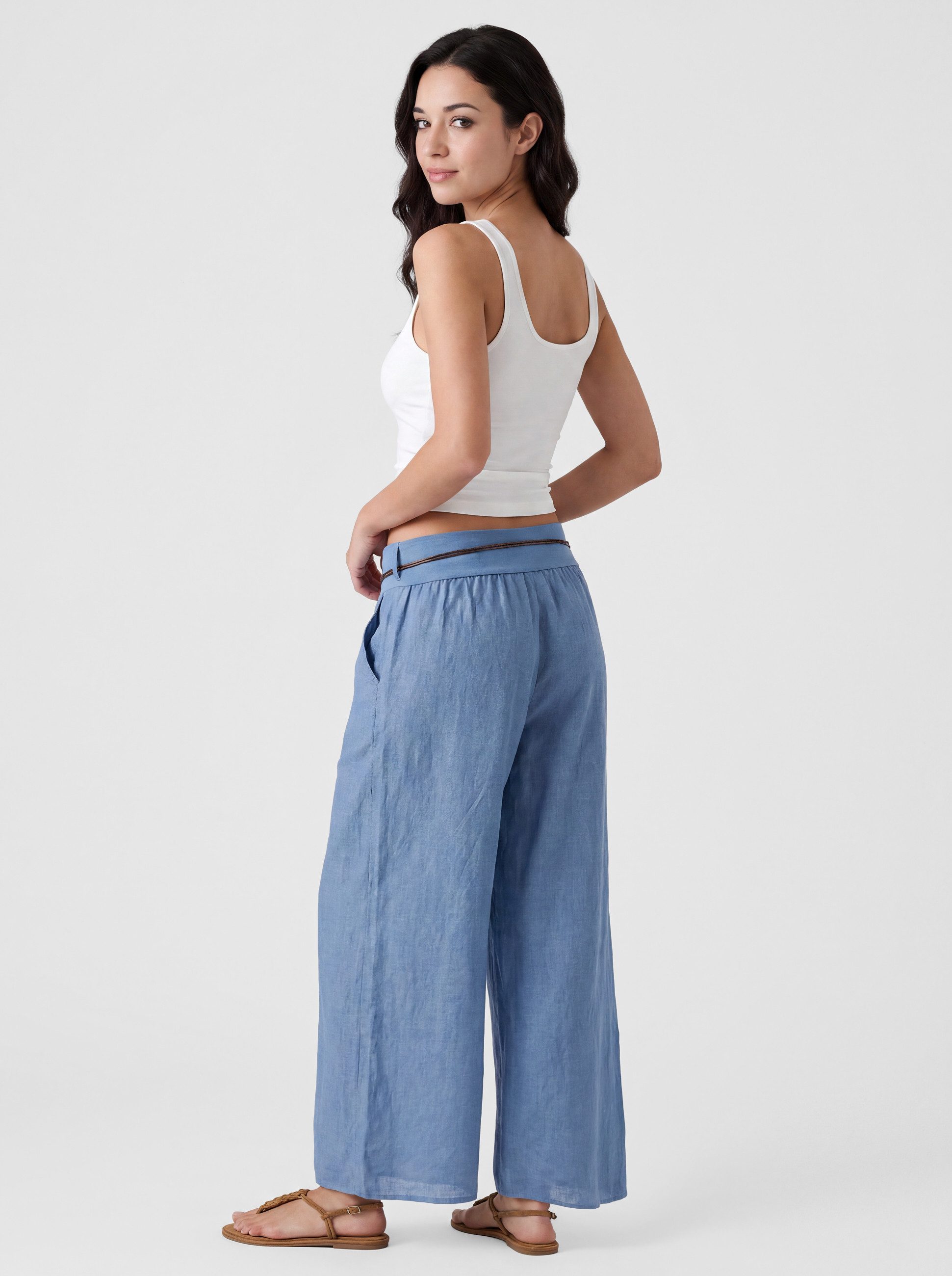 PEKIVESSA Leinenhose Wide-Leg Schlupfhose mit weitem Bein und Gürtel