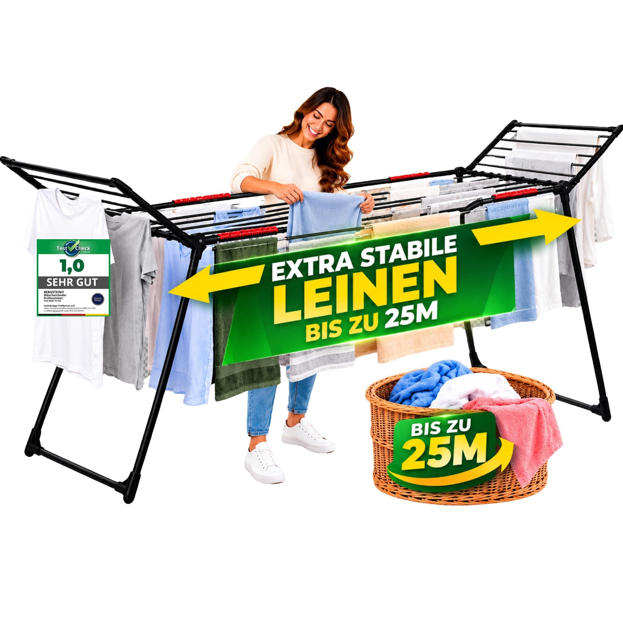 Bergstein Wäscheständer XXL [25 m Trockenfläche] schwarz Flügelwäscheständer ausziehbar, Made in Europe, Trockner-Alternative ohne Strom, Klemmen, klappbar
