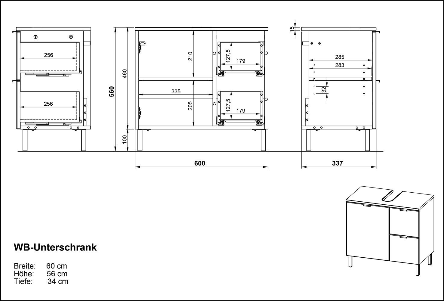 möbelando Waschbeckenunterschrank 415 (BxHxT: 60x56x34 und weiss in einem hellbraun, Einlegeboden mit cm) Tür einer