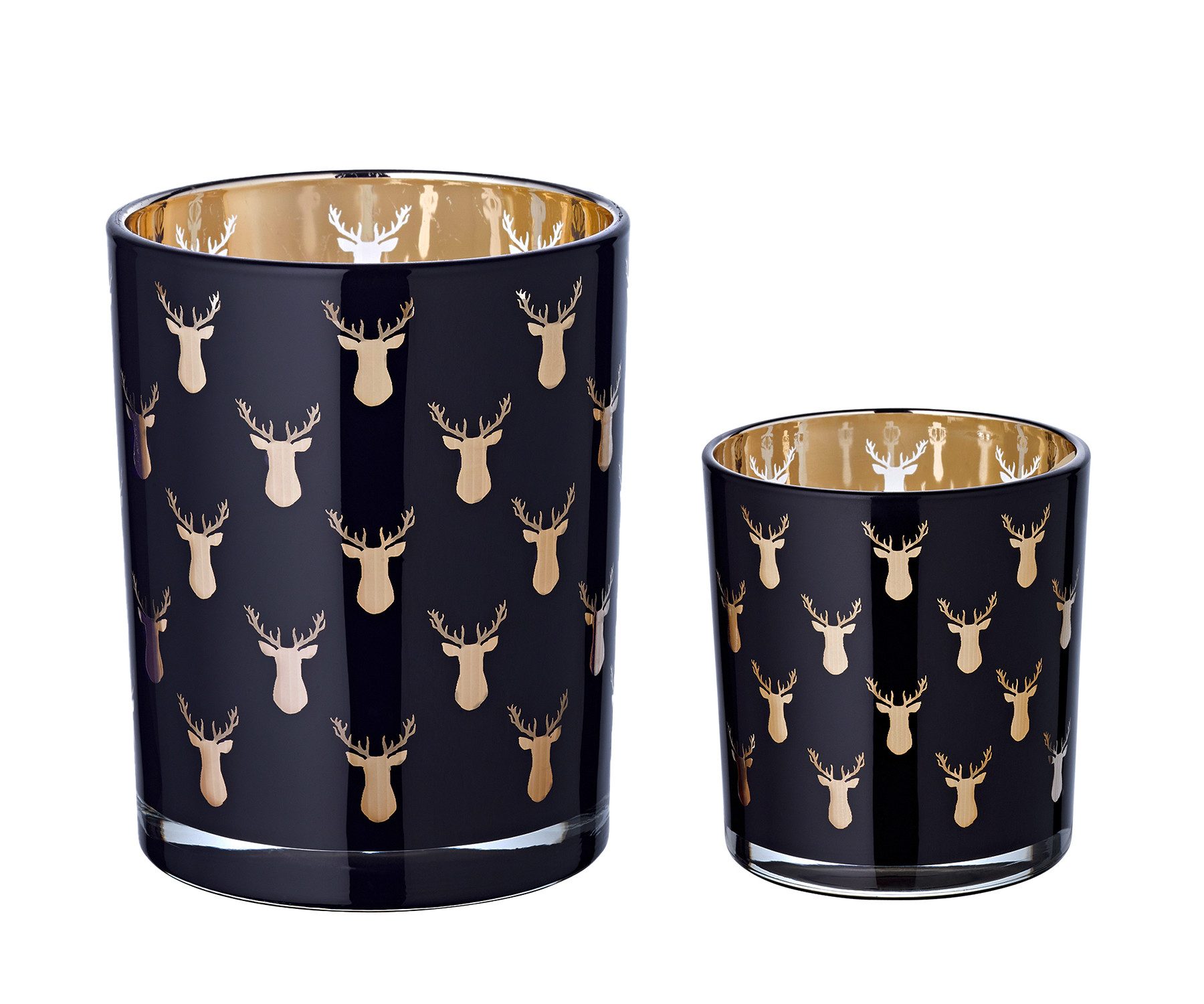 EDZARD Windlicht Rosy 2er Set (H 13 cm + H 8 cm) Glas, Hirsche, schwarz/gold