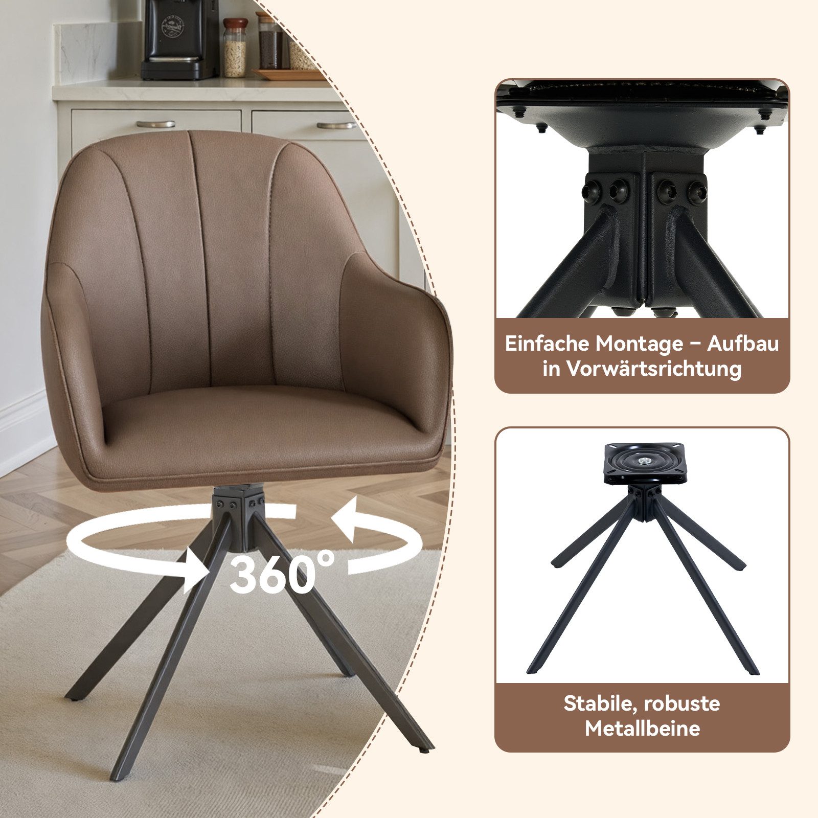 HawthyHome Polsterstuhl 360° drehbar mit Armlehne und Metallbeinen, 4-Fußstuhl (6 St), Moderner Küchenstuhl Esszimmerstuhl für Wohnzimmer & Büro – Bild 4 von 5