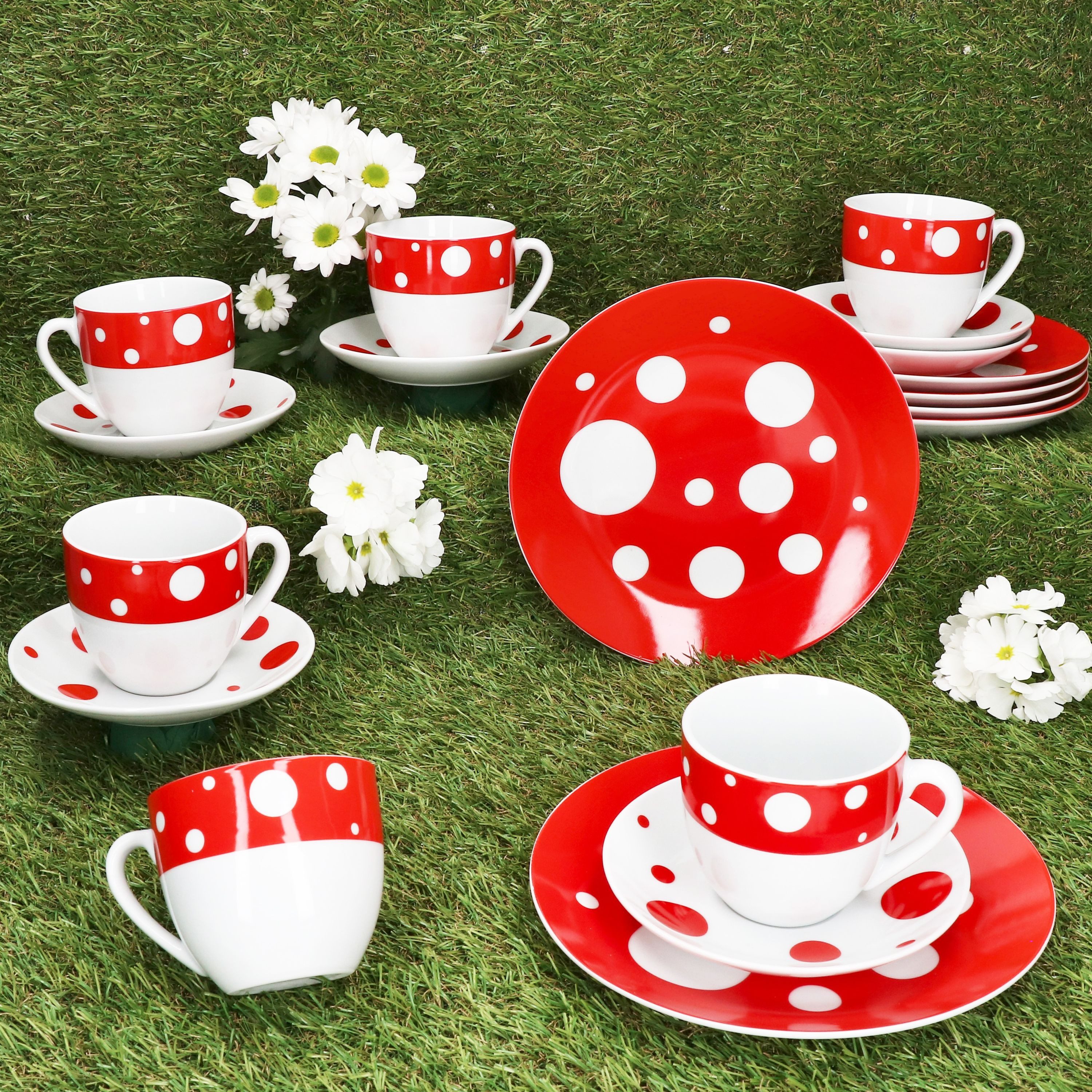 MamboCat Kaffeeservice 18tlg Kaffeeservice Pula rot Porzellan 6 Pers. Tassen Teller Punkte, Porzellan