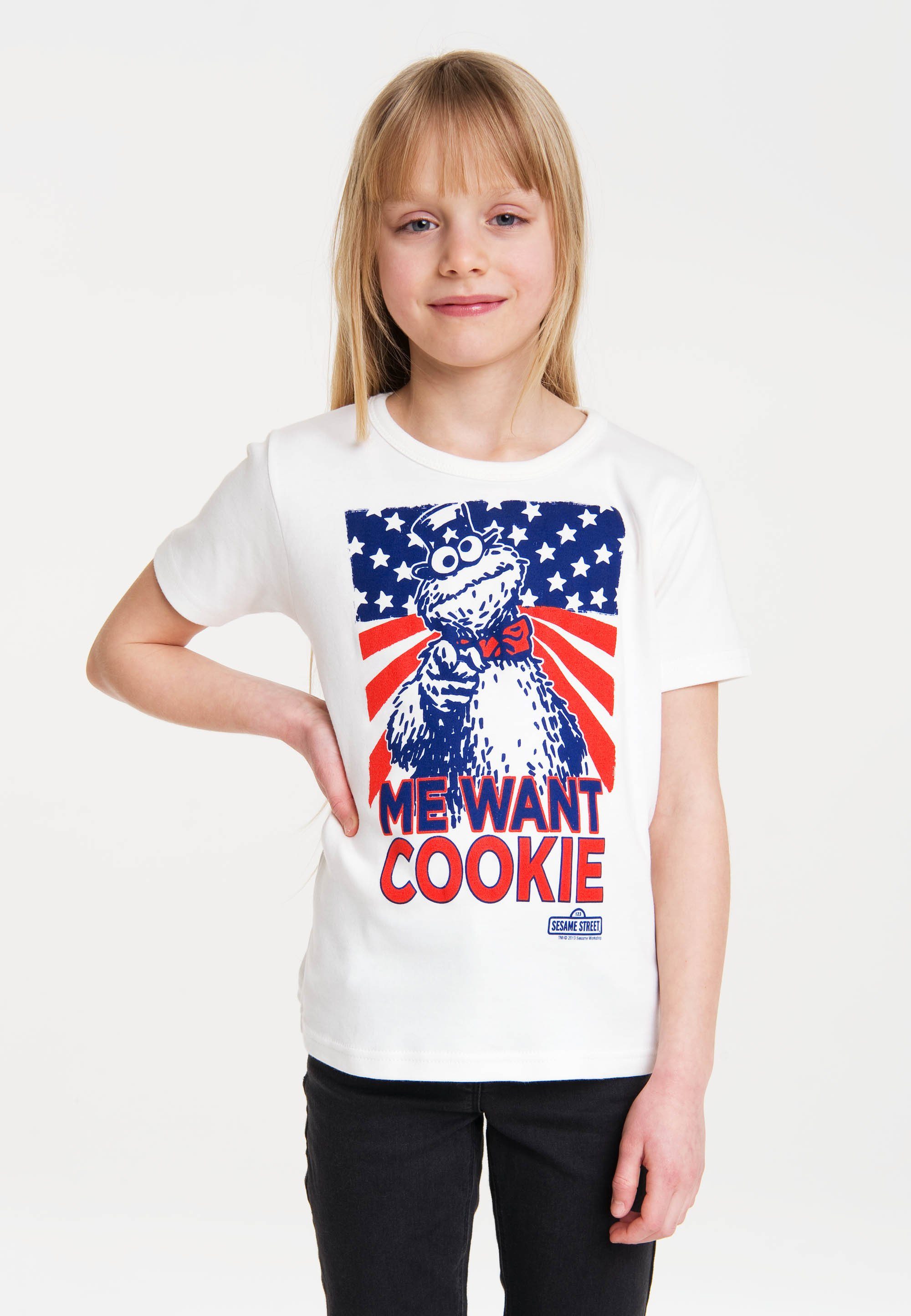 LOGOSHIRT T-Shirt Cookie Monster - Me Want Cookie mit coolem Krümelmonster- Frontdruck | T-Shirts