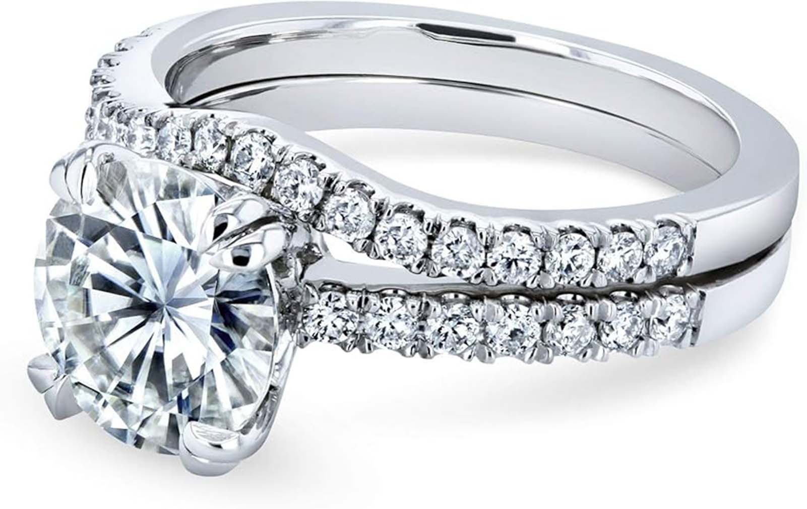 Jumpeak Diamantring 2ct E VVS2 3EX,14K Weißgold Labordiamant Ring, Hochzeit Band Braut Set, Stapelbarer Damenring, Jubiläumsring, Diamanten im Brillantschliff