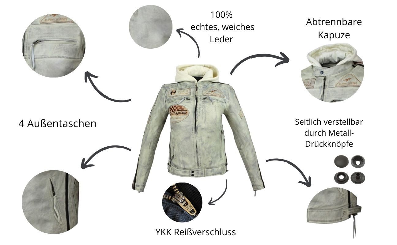 Alpha Speeds Motorradjacke - /Freizeit Herren Lammlederjacke Bikerjacke Highway 11 (Abnehmbares Innenfutter und Kapuze, (NEUE VERSION 2025) Aus weichem Lammleder, inkl. einsetzbarer Protektoren