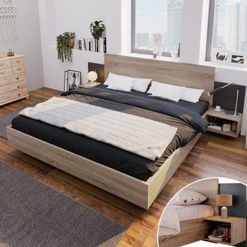 IDEASY Holzbett Doppelbett 160 x 200 cm mit 2 Nachttischen,Massivholz+E1 Spanplatte, (Lieferung ohne Dekoration), Eiche, wasser- und feuchtigkeitsbeständig, leicht zu reinigen,