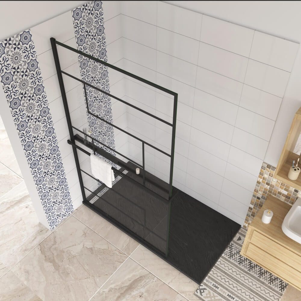 AICA Walk-in-Dusche 200cm 8mm ESG schwarz mit Handtuchhalter Dusche Duschabtrennung, Einscheibensicherheitsglas