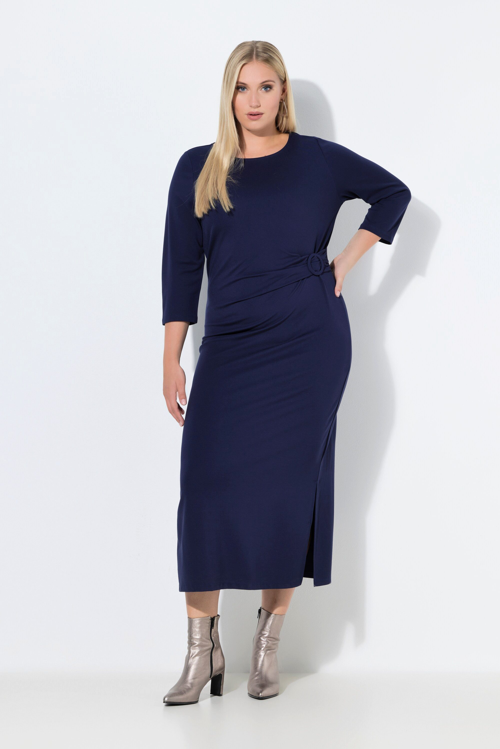 Ulla Popken Midikleid Punto-Midikleid drapiert U-Boot-Ausschnitt 3/4-Arm