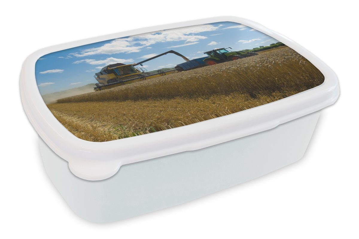 MuchoWow Lunchbox Traktor - Bauernhof - Landleben - Ernte - Getreide, Kunststoff, (2-tlg), Brotbox für Kinder und Erwachsene, Brotdose, für Jungs und Mädchen weiß