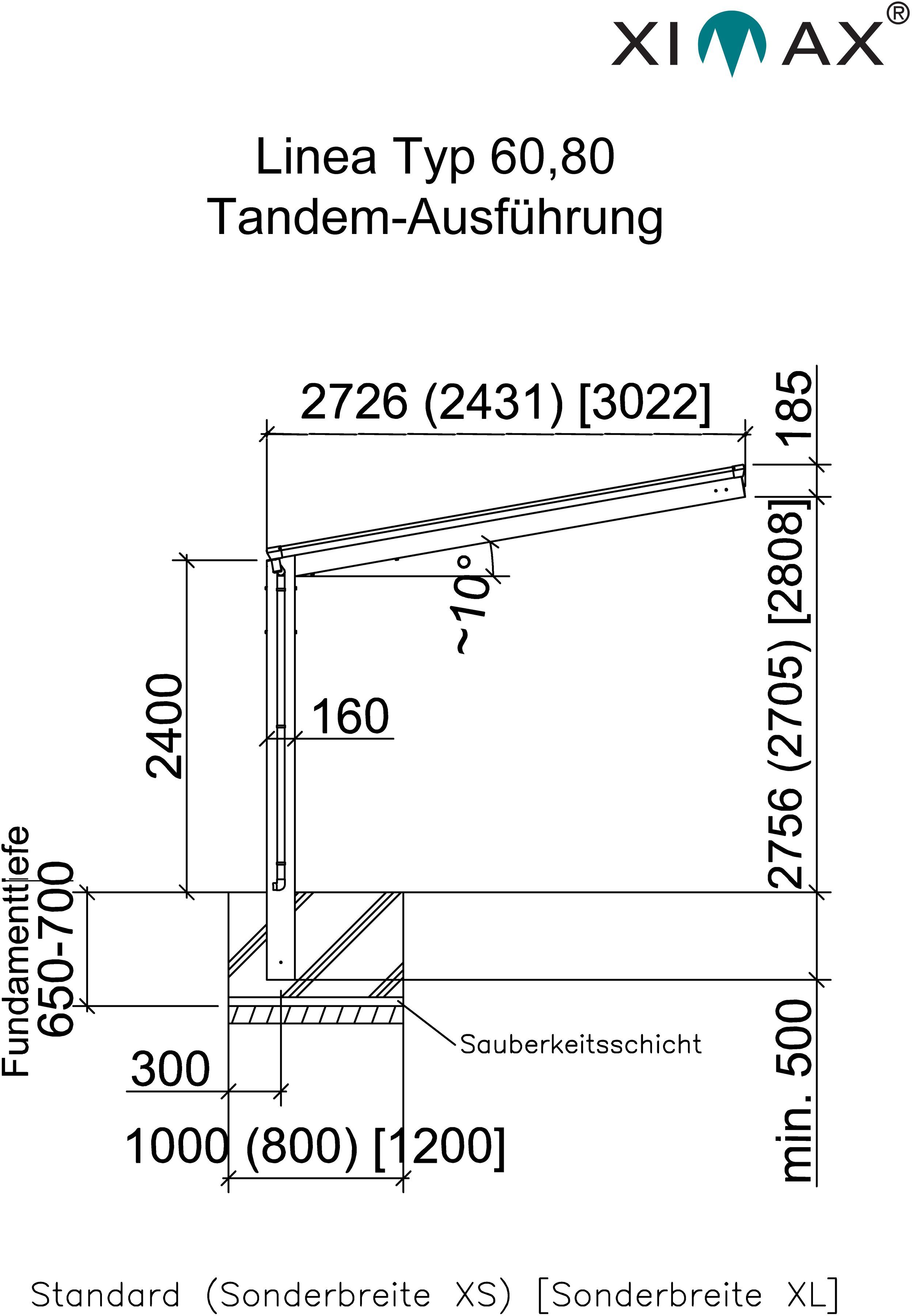 Einfahrtshöhe, 240 Tandem-Edelstahl-Look, 80 Typ Aluminium cm Ximax cm, BxT: 273x983 Doppelcarport Linea