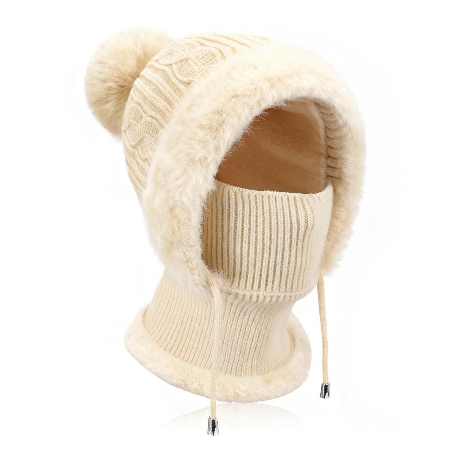 Sturmhaube Strickmütze Damen Halswärmer Set Sturmhaube Thermo Fleece Beige