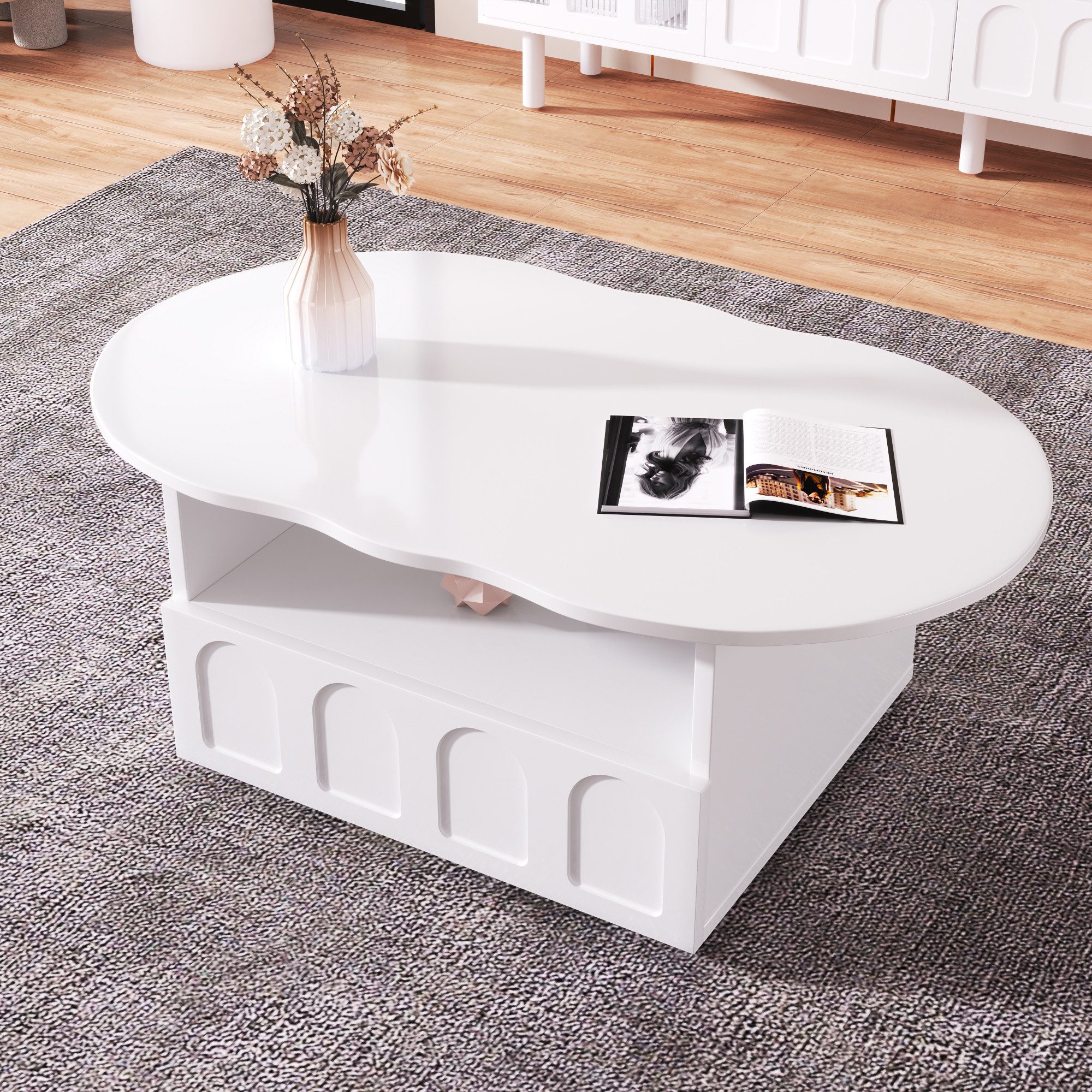 EXTSUD Couchtisch Wolken-Couchtisch mit Schublade & Ablagefach, 100 × 60 cm, weiß (ein Tisch), 100 L x 39,2 H x 60 Bcm