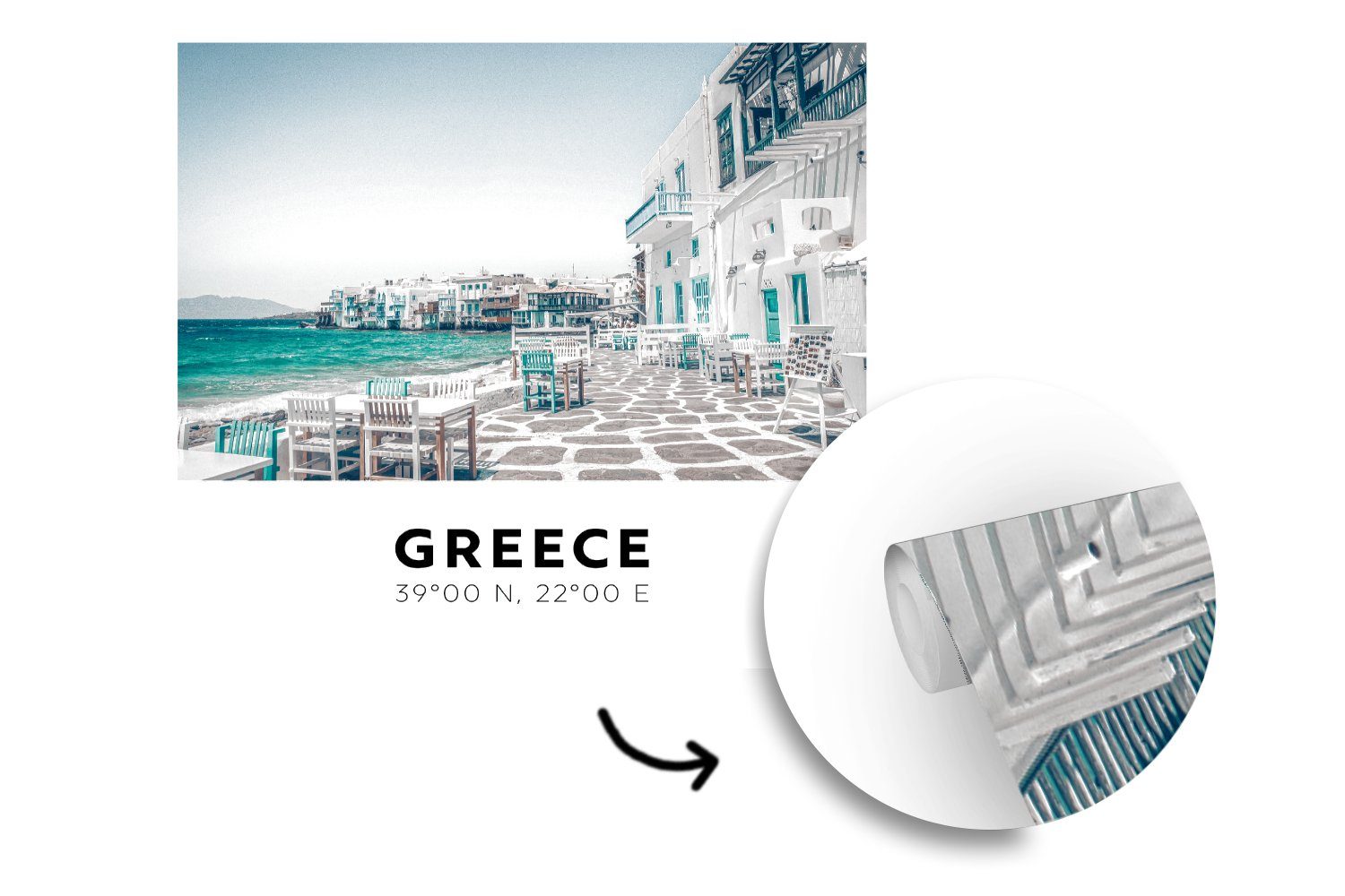 MuchoWow Terrasse, St), für bedruckt, Griechenland Wohnzimmer oder - Schlafzimmer, Fototapete - Vinyl (5 Tapete Matt, Wandtapete Meer