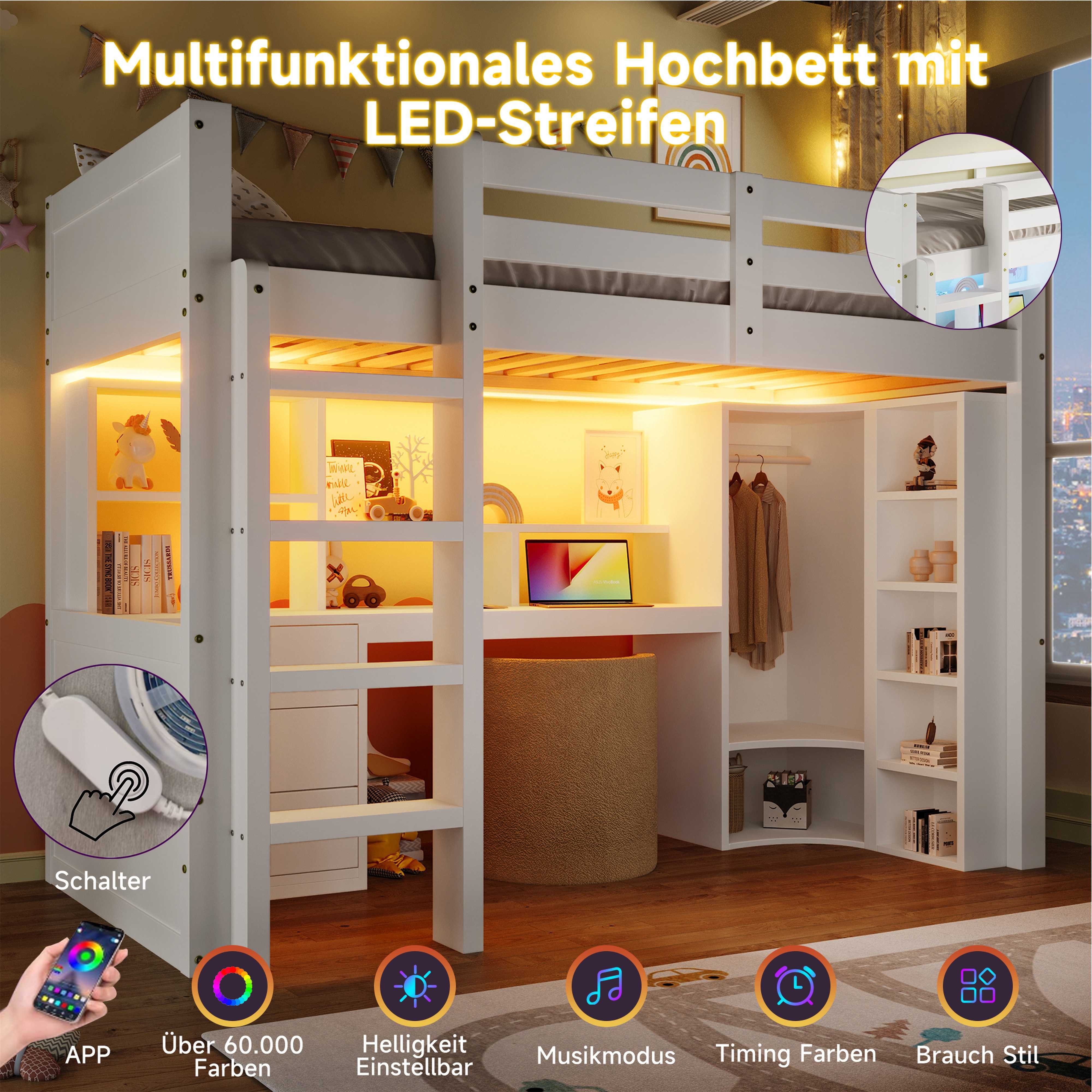 BlingBin Hochbett Kinderbett aus Kiefernholz (mit LED-Beleuchtung, integriertem Schreibtisch, Kleiderschrank, 1-St., Schubladen, offenen Staufächern, Regalsystem, Sicherheitsgeländern) multifunktionalem Stauraum-Design für Kinderzimmer – Weiß
