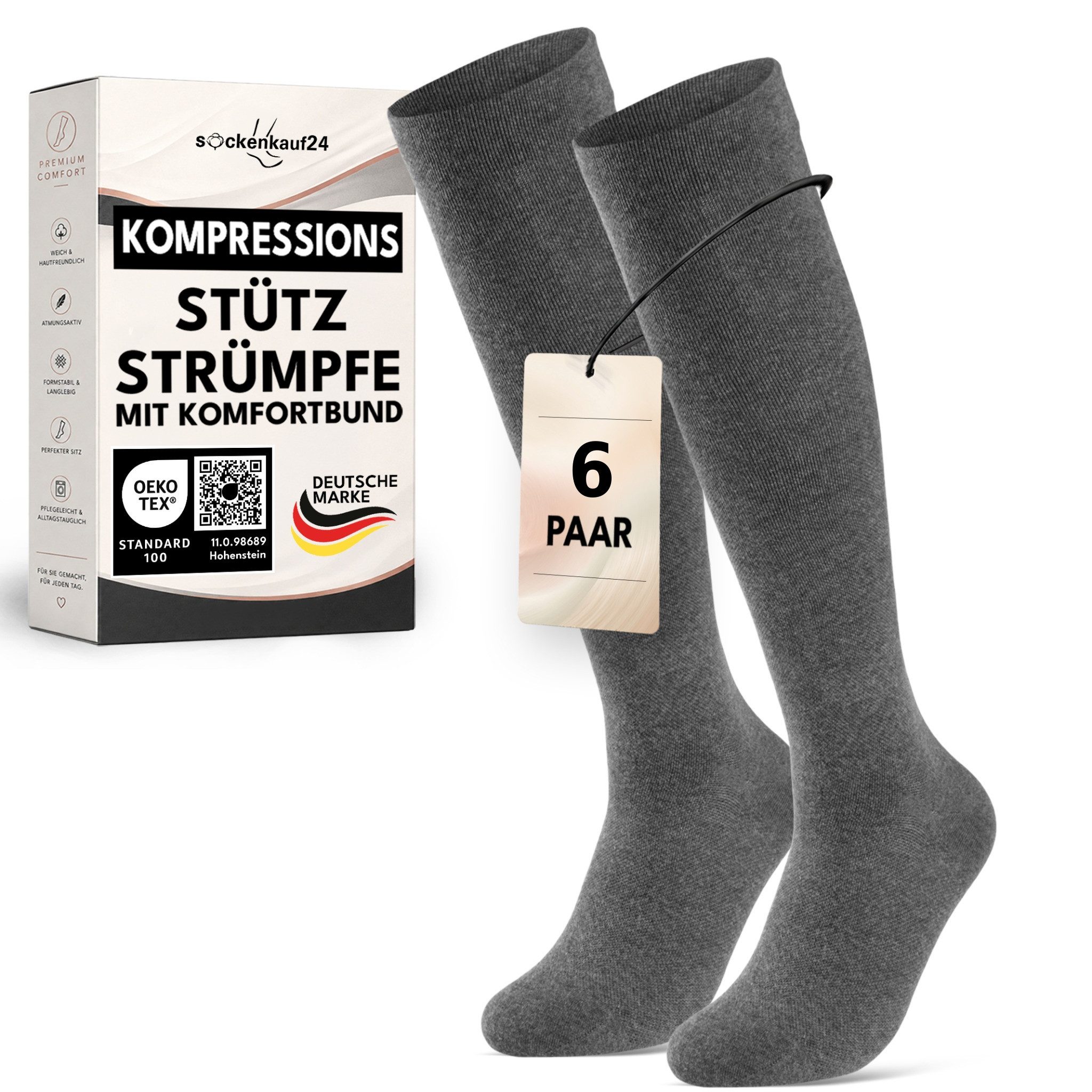 sockenkauf24 Kompressionsstrümpfe Stützstrümpfe mit Kompression Reisestrümpfe für Damen und Herren (6-Paar) Stützkniestrümpfe ohne Naht Baumwolle für Reisen,Arbeit,langes stehen