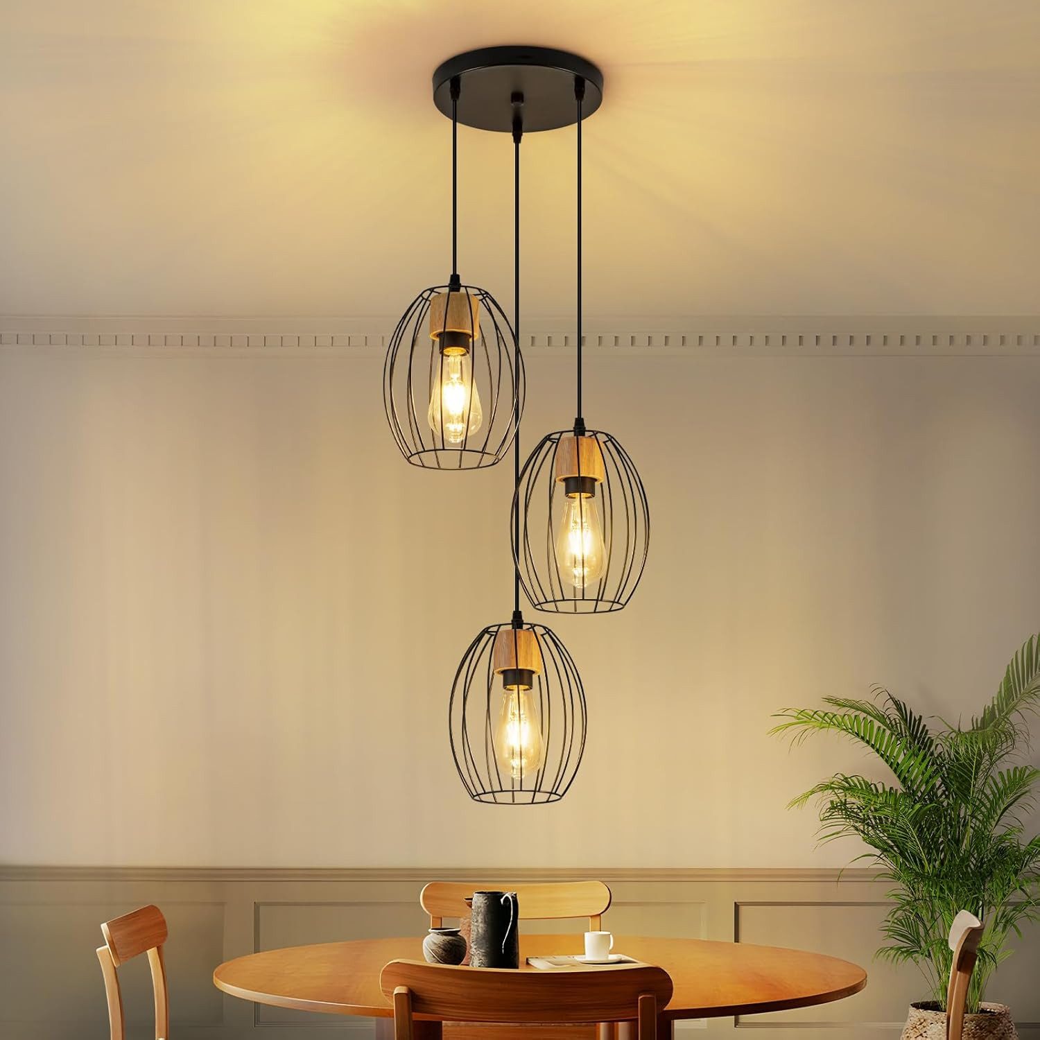 Nettlife Pendelleuchte Vintage Schwarz 3-flammig Industrielle Eleganz aus Metall Holz E27, ohne Leuchtmittel, für Wohnzimmer Esszimmer Küche Schlafzimmer in Restaurants und Cafés