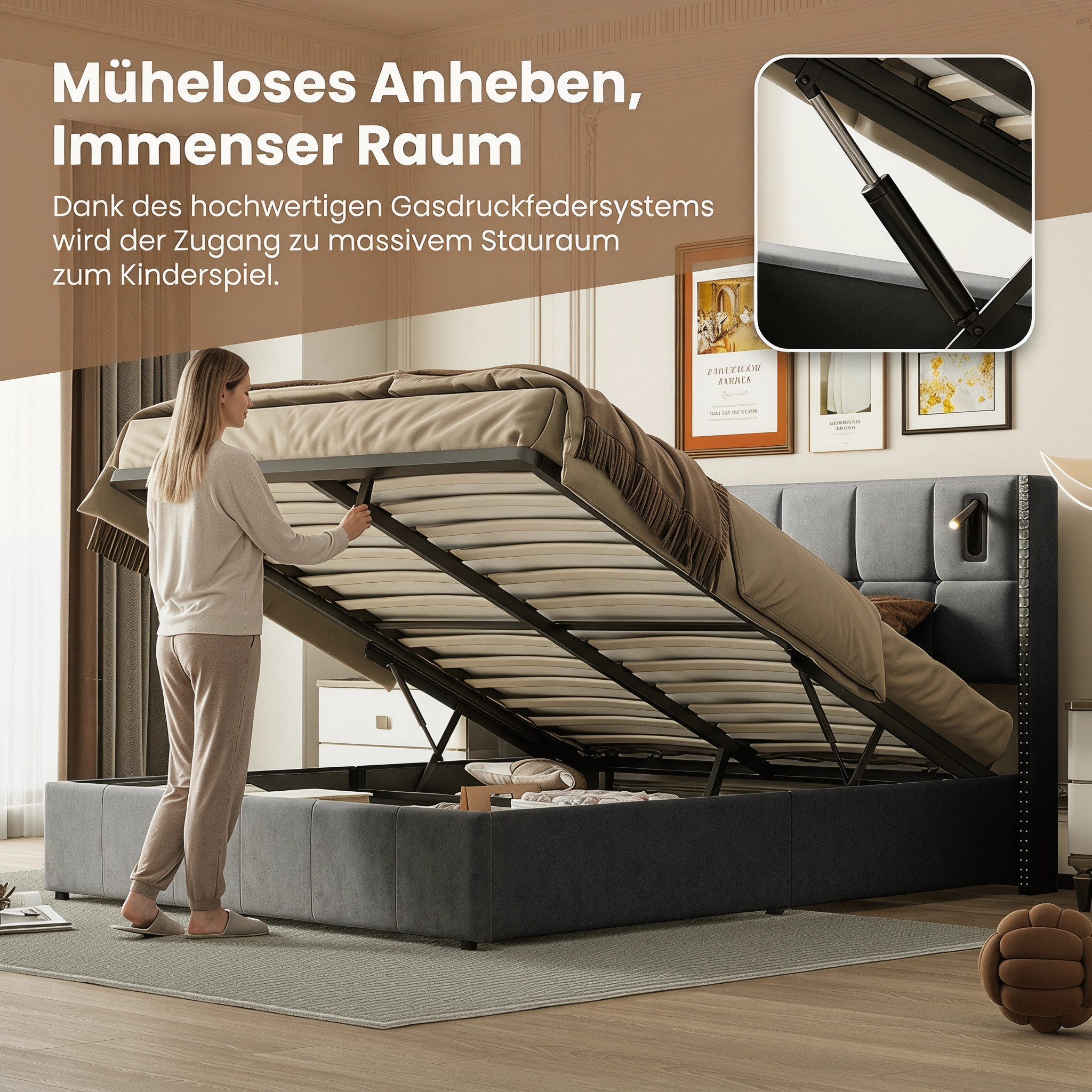PXloue Stauraumbett Polsterbett Doppelbett, mit bettkasten und Lattenrost,Samtstoff,Leselicht,160x200 cm – Bild 4 von 5