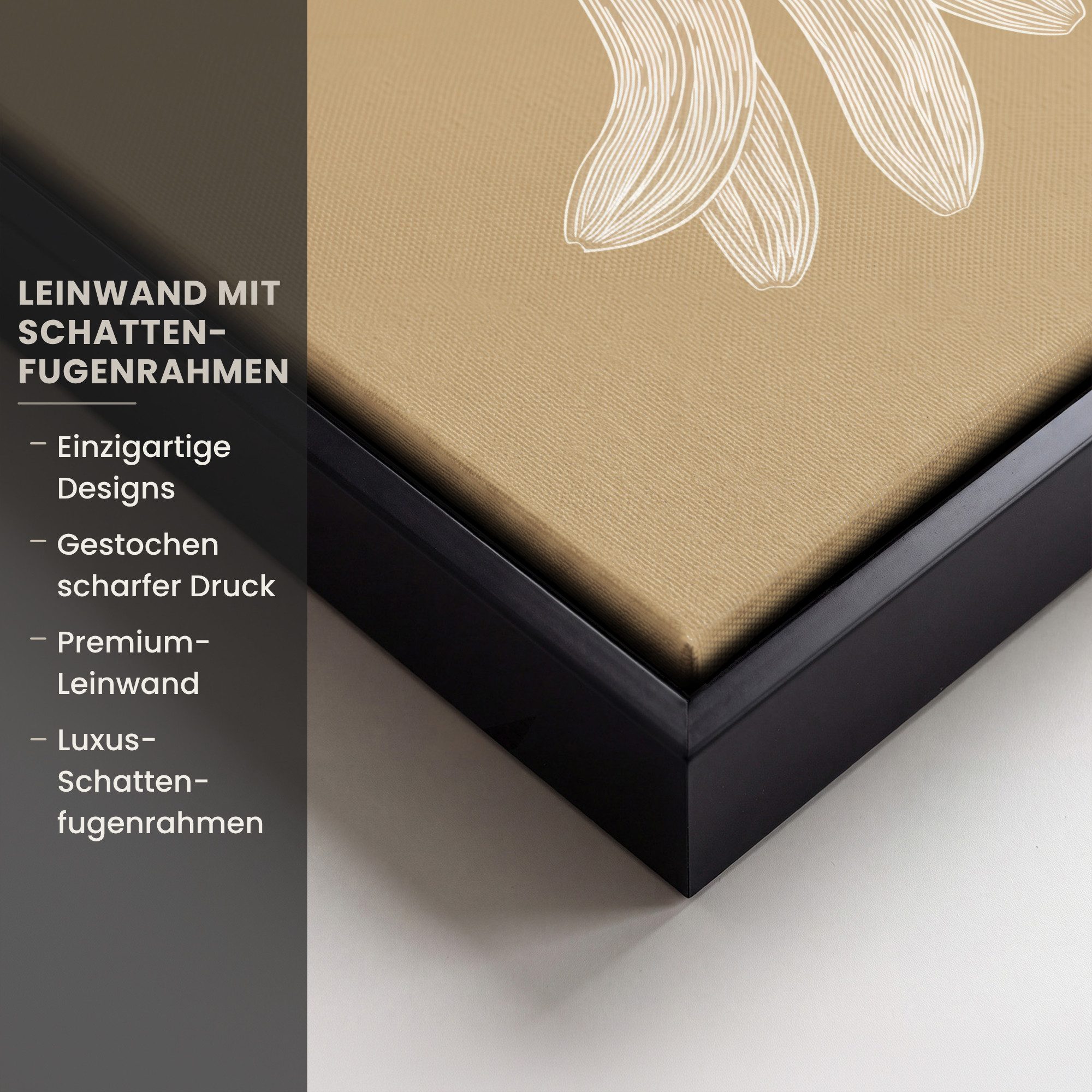 OneMillionCanvasses® Leinwandbild mit Rahmen - Bananen - Beige - Strichzeichnung - Minimalistisch, Fotodruck (1 St), Leinwand Bilder Klein, Wand Dekoration Aesthetic 20x20cm