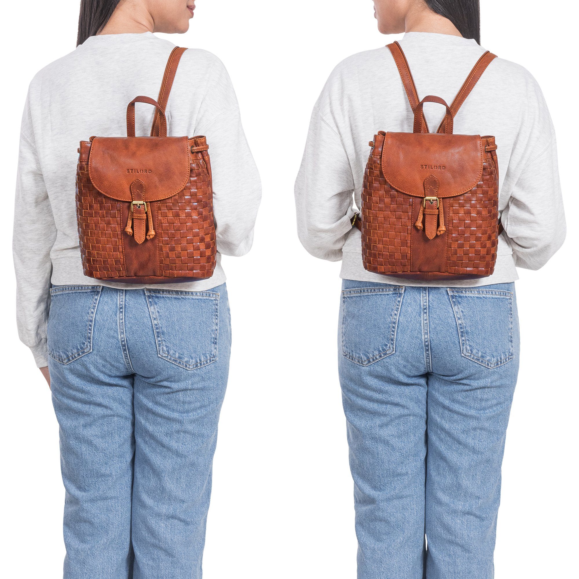 STILORD Cityrucksack "Camilla" Kleiner Lederrucksack Damen im Boho-Look geflochten