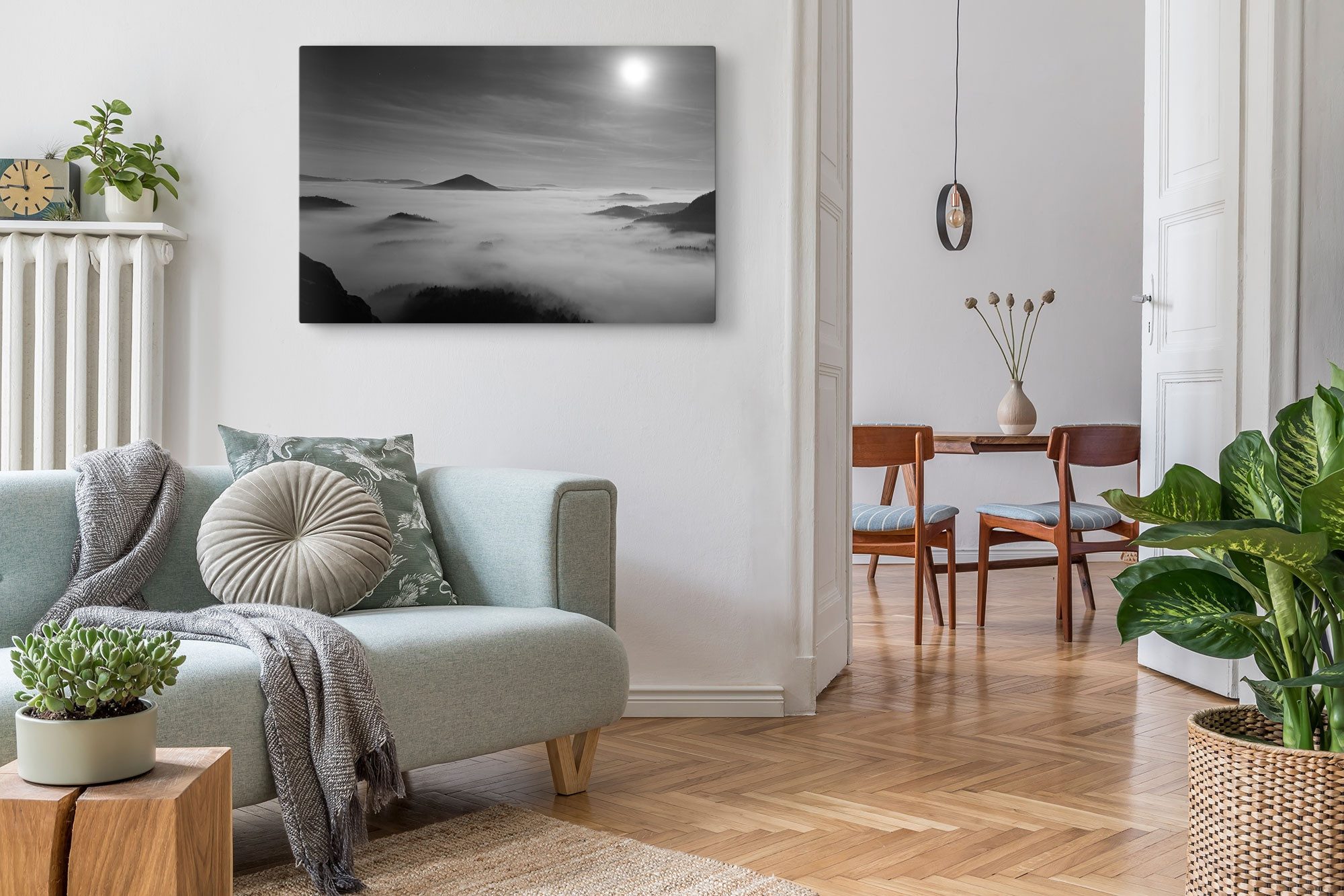 Sinus Art Leinwandbild 120x80cm Wandbild auf Leinwand Schwarz Weiß Fotografie Berge über den, (1 St) – Bild 5 von 5