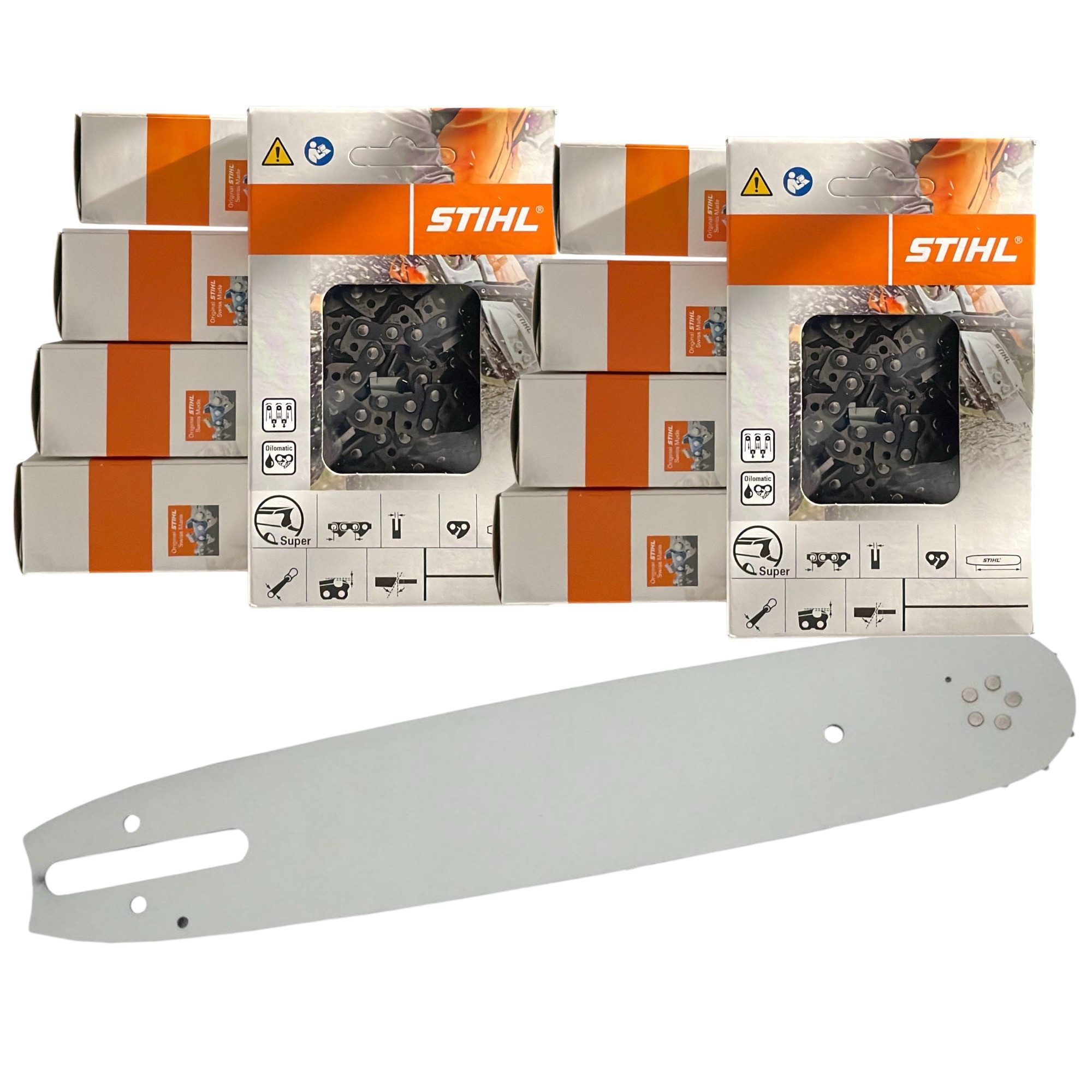STIHL Ersatzkette 10 Stück Stihl Sägeketten (PM3) 3/8P 1.3 mm 50 + 2 x Schwert 35 cm