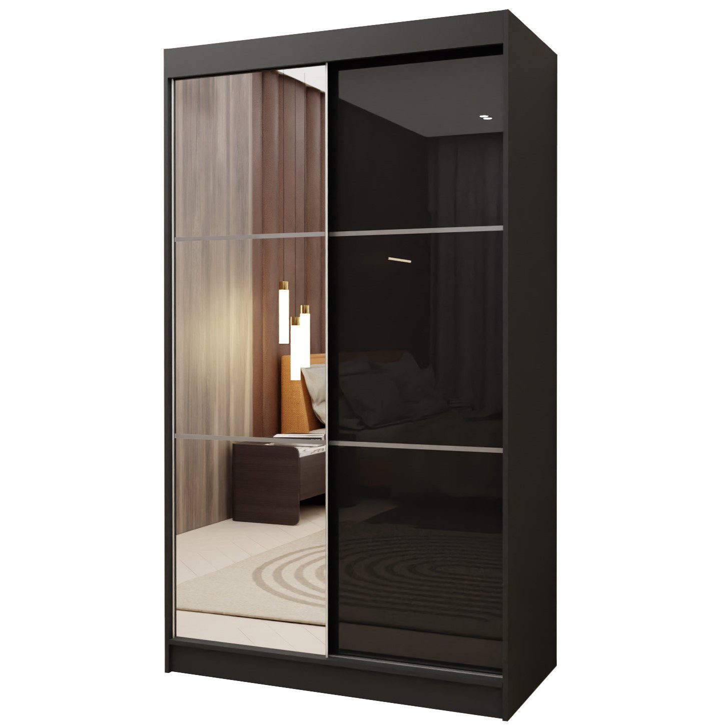 Masseno Schwebetürenschrank VITALE 120 cm Kleiderschrank mit Spiegel 2 Türen Schwarz