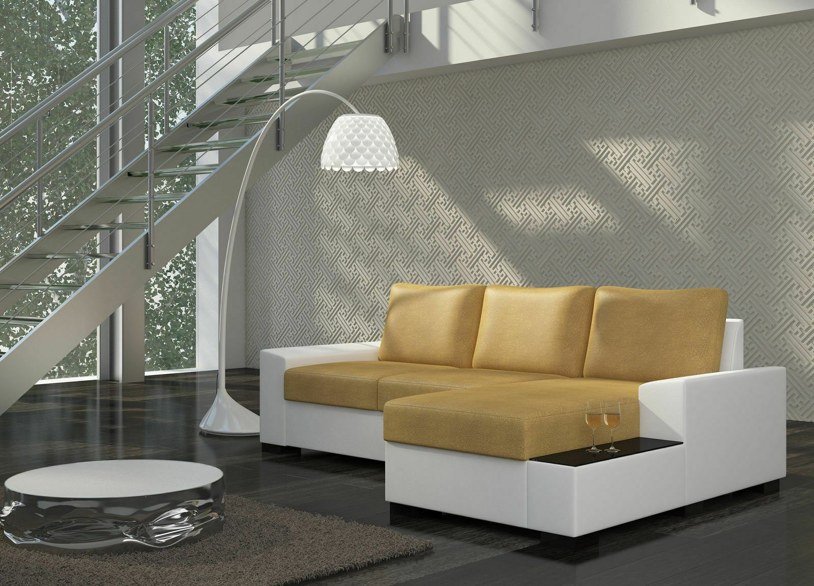 JVmoebel Ecksofa Design Ecksofa Schlafsofa Bettfunktion Sofa Couch Leder Polster, Mit Bettfunktion Hellbraun / Weiß
