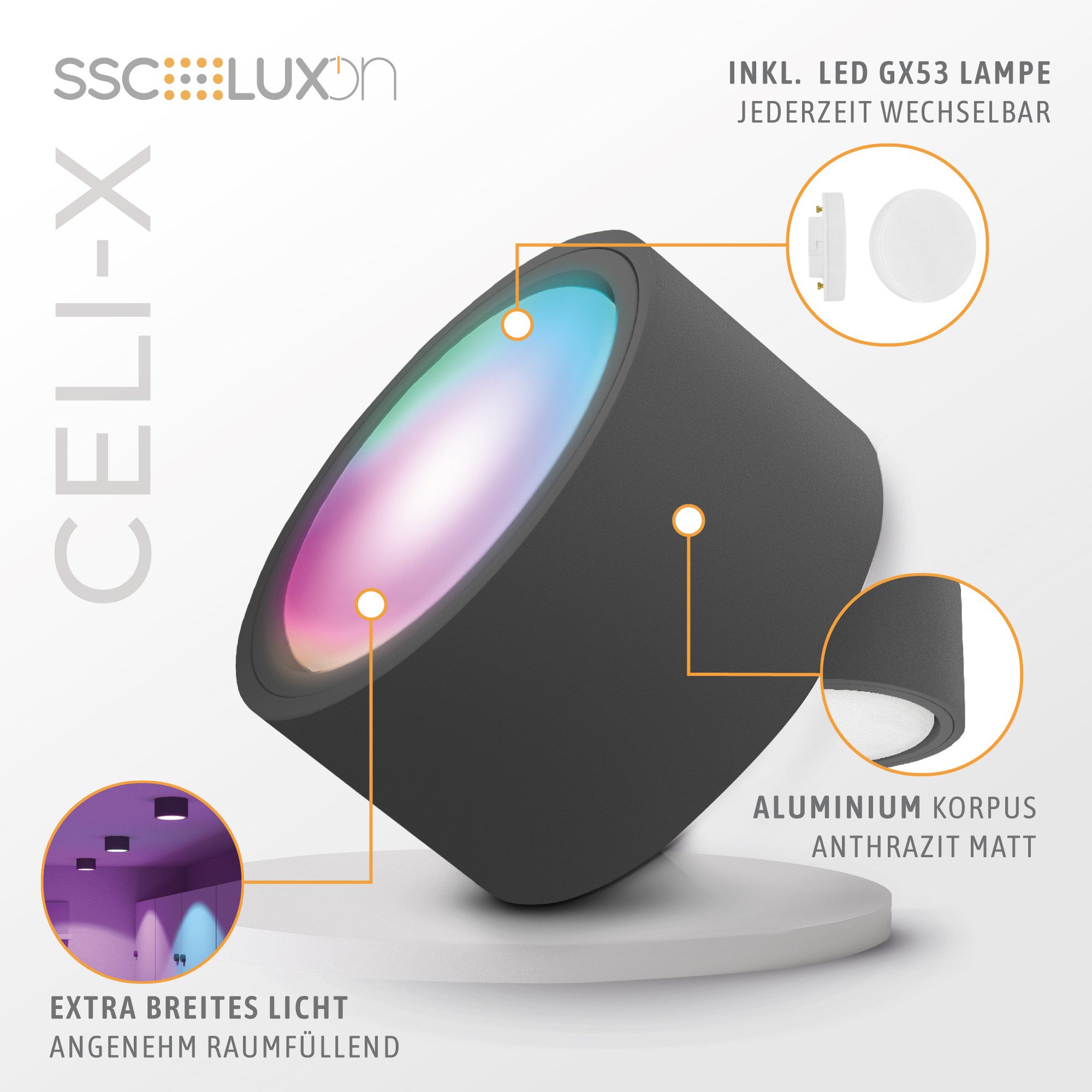 SSC-LUXon LED Aufbaustrahler CELI-X Decken Aufbauspot flach anthrazit rund mit Smart WLAN RGB LED, Smart