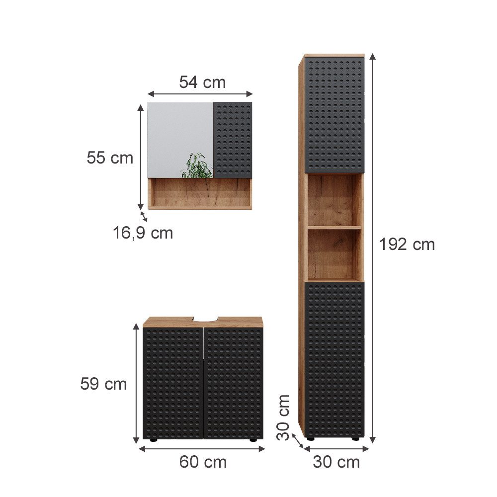 Vicco Badmöbel-Set Irma, Goldkraft Eiche/Anthrazit, 3 Teile, mit Hochschrank, (3-er Set, 3-St., 3er Set)