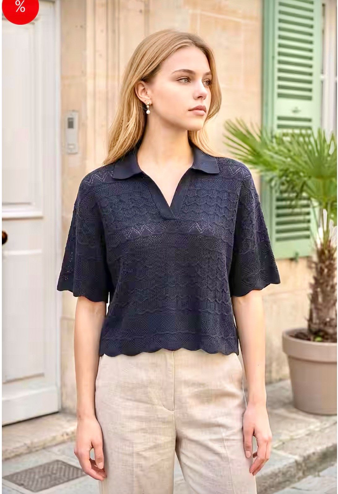 Zuckerwatte Ajourpullover 25434 mit Polokragen aus weicher Viskosemischung