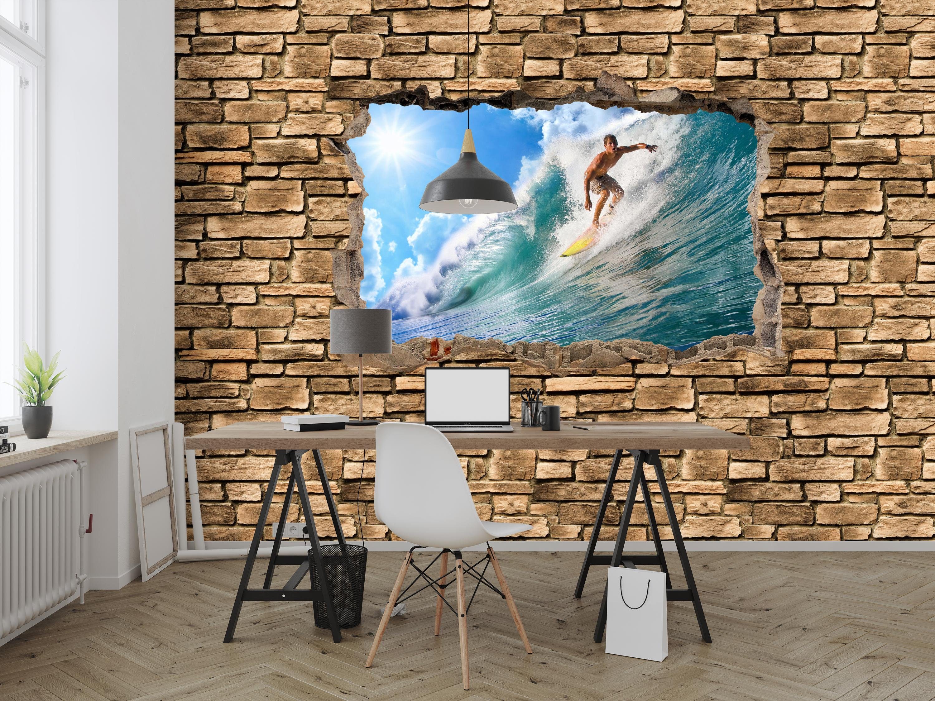 Steinmauer, Motivtapete, Vliestapete matt, Fototapete 3D Wandtapete, glatt, wandmotiv24 - Surfing
