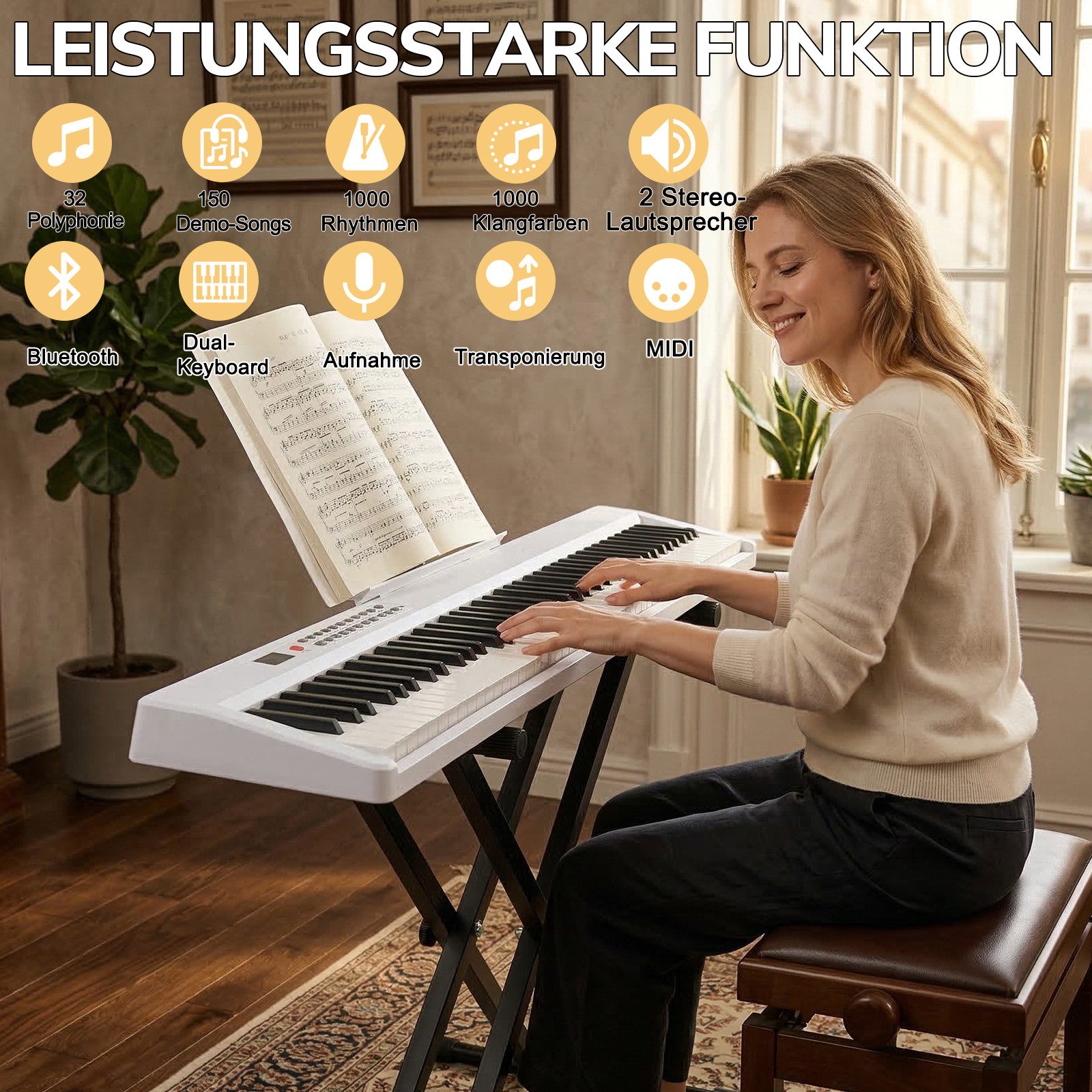 LALAHO Digitalpiano Klappbare E-Keyboard mit 88 Tasten, Klappklavier, Bluetooth und MIDI, tragbar, mit Kopfhörer, Lautsprecher – Bild 5 von 5